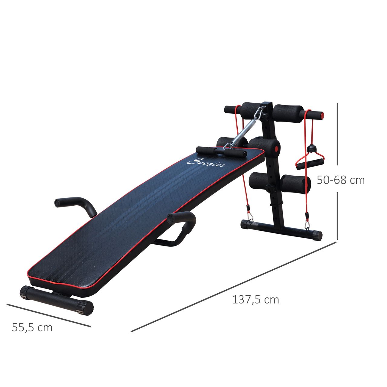 HOMCOM Sit Up Bank Bauchtrainer Trainingsbank Fitnessbank inkl. Widerstandsbände Schwarz   Rot 55,5 x 137,5 x (50–68) cm 120 kg Belastbarkeit
