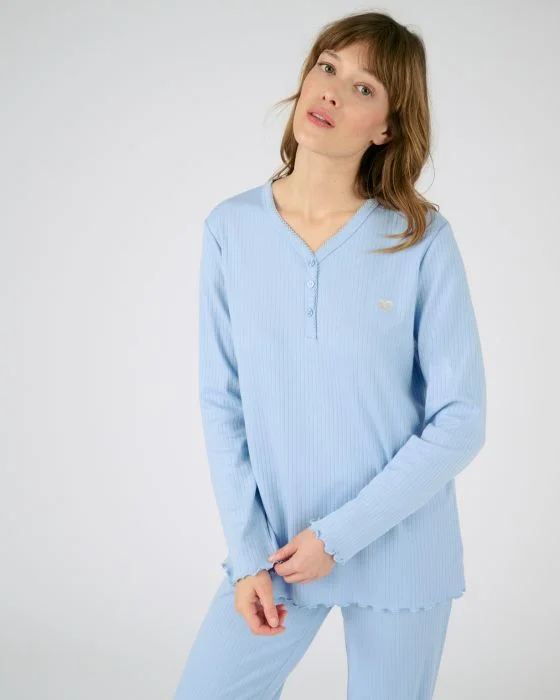 Pyjama maille interlock côtelée douce et souple