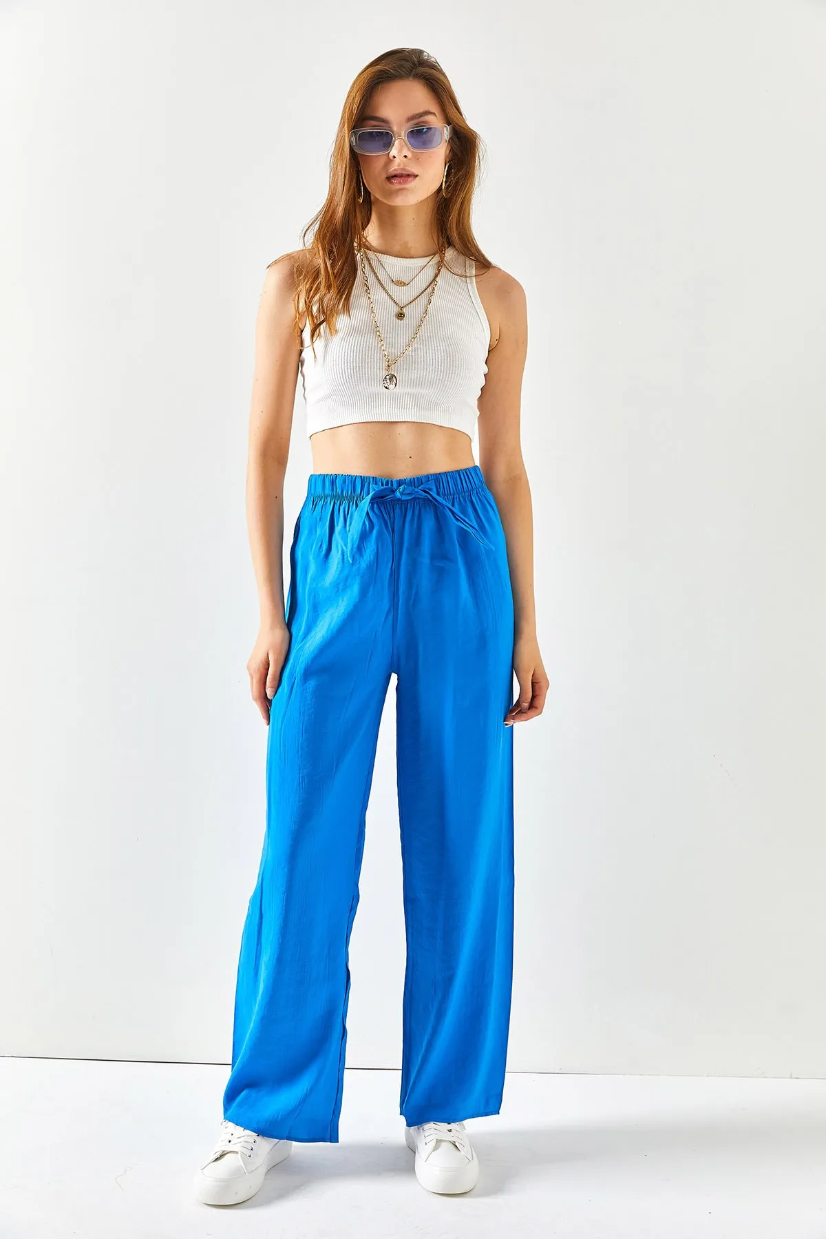 Olalook  Damen-Palazzo-Ayrobin-Hose mit Gürtel und elastischem Bund von Saks in Blau, PNT-19000200