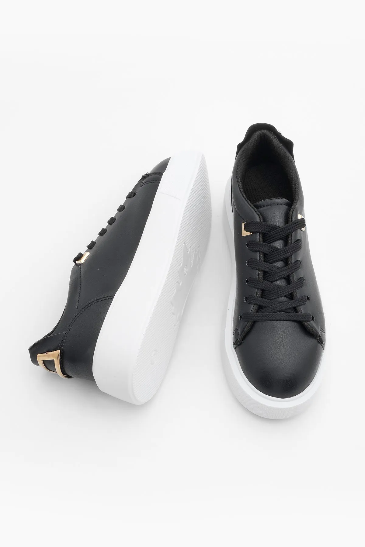 Marjin  Damen Sneakers Dicke Sohle Gold Schnalle Detailliert Schnürschuhe Sportschuhe Rofke Schwarz