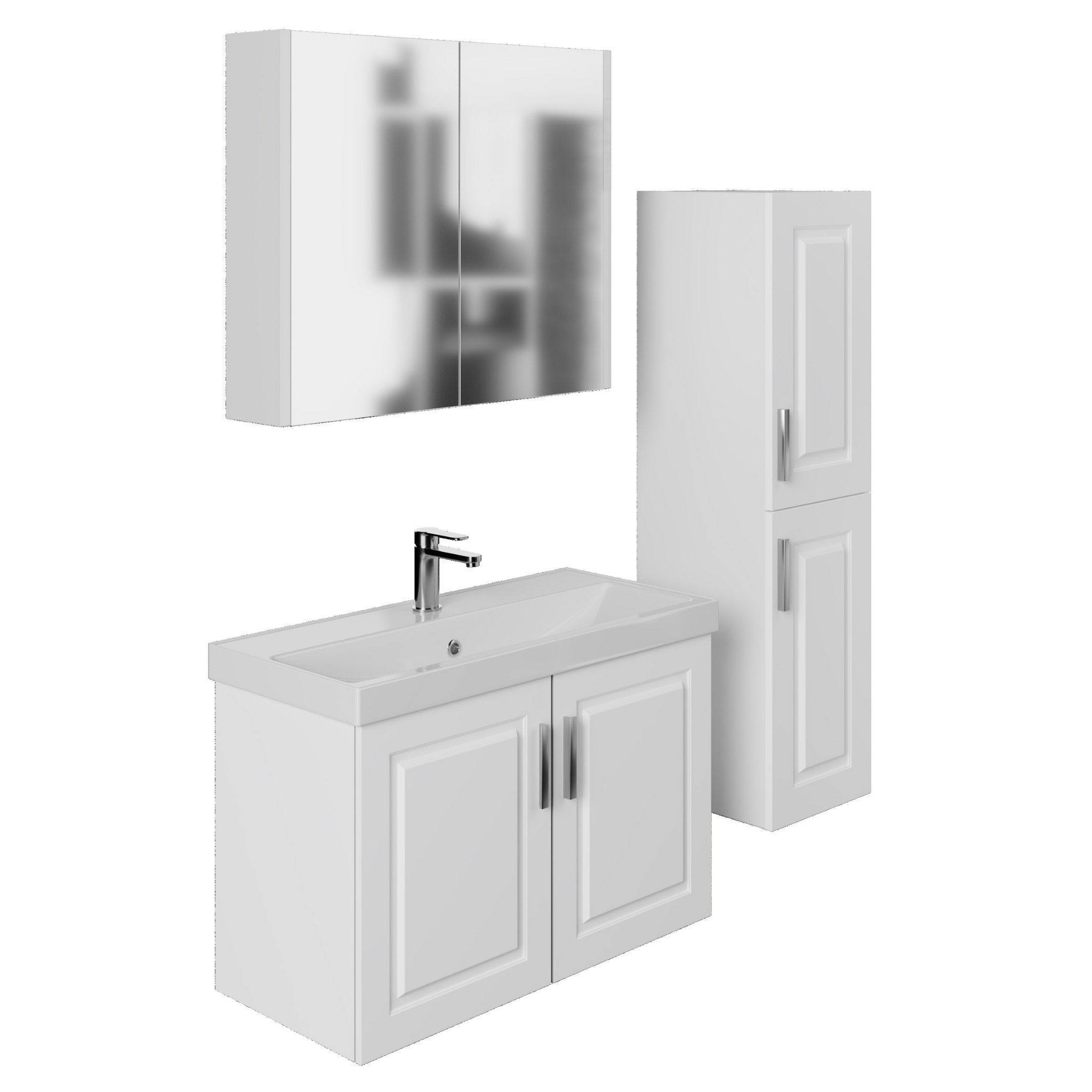 Karen Badezimmer-Set Arin (Weiß), (Komplett-Set, 3-Teilig (Unterschrank, Spiegelschrank, Waschbecken), Unterschrank mit Türen, Spiegelschrank mit Türen & Regalen), Landhaus-Stil, Matt-PVC-Beschichtung, Softclose, Bügelgriffe