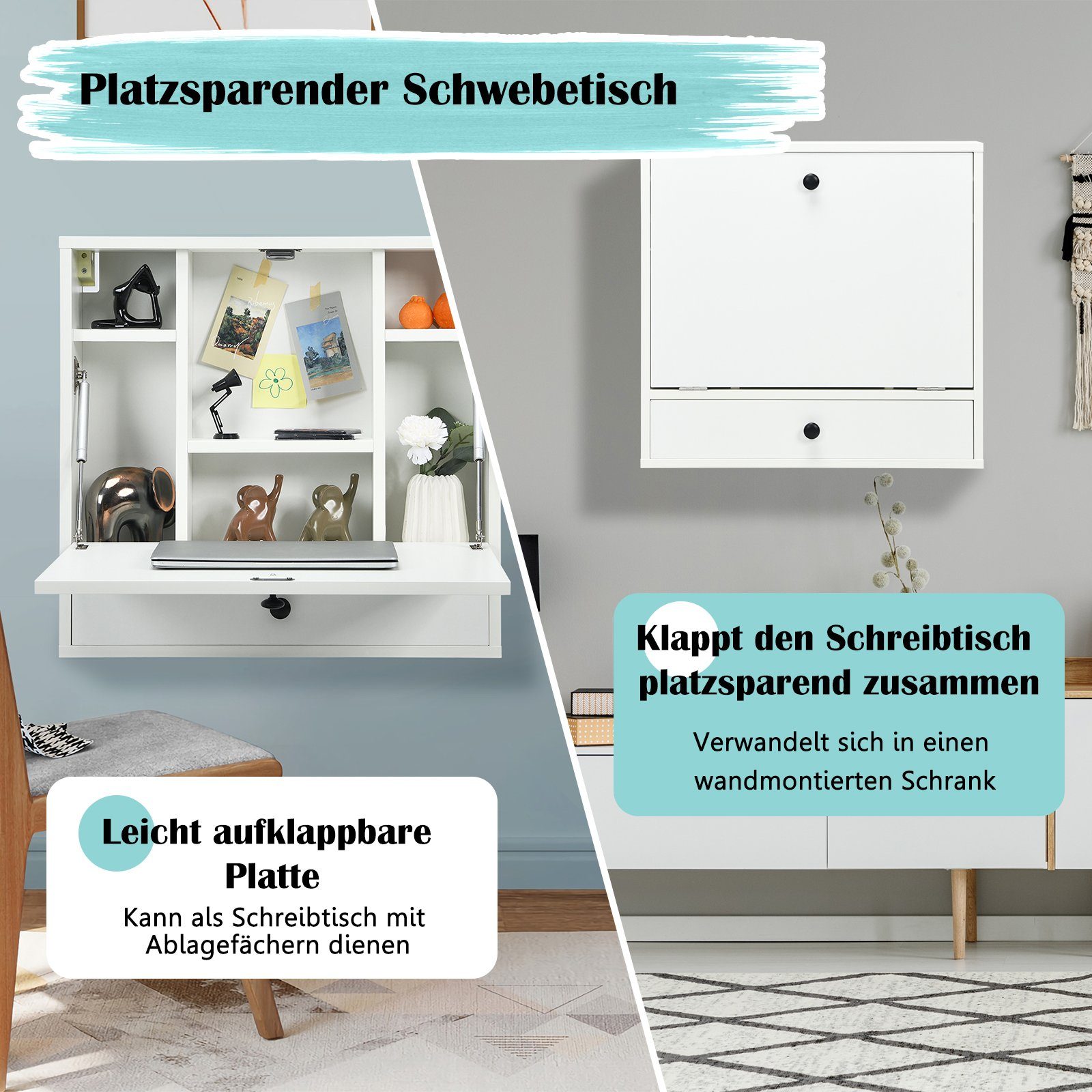 COSTWAY Klapptisch, Wandklapptisch mit Ablagefächern & Schublade