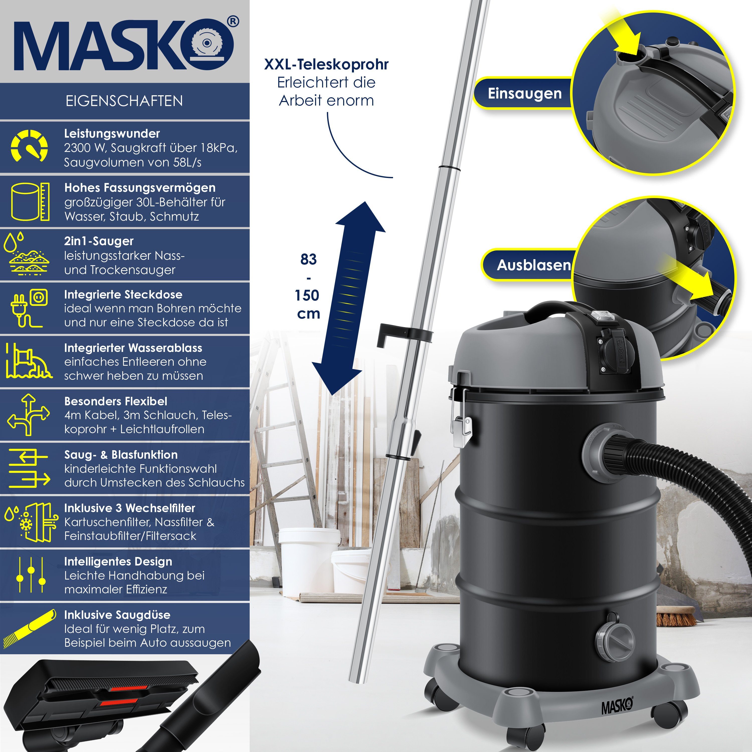 MASKO Industriesauger, 34 W, Industriestaubsauger Staubsauger Nass Trocken Sauger Edelstahl