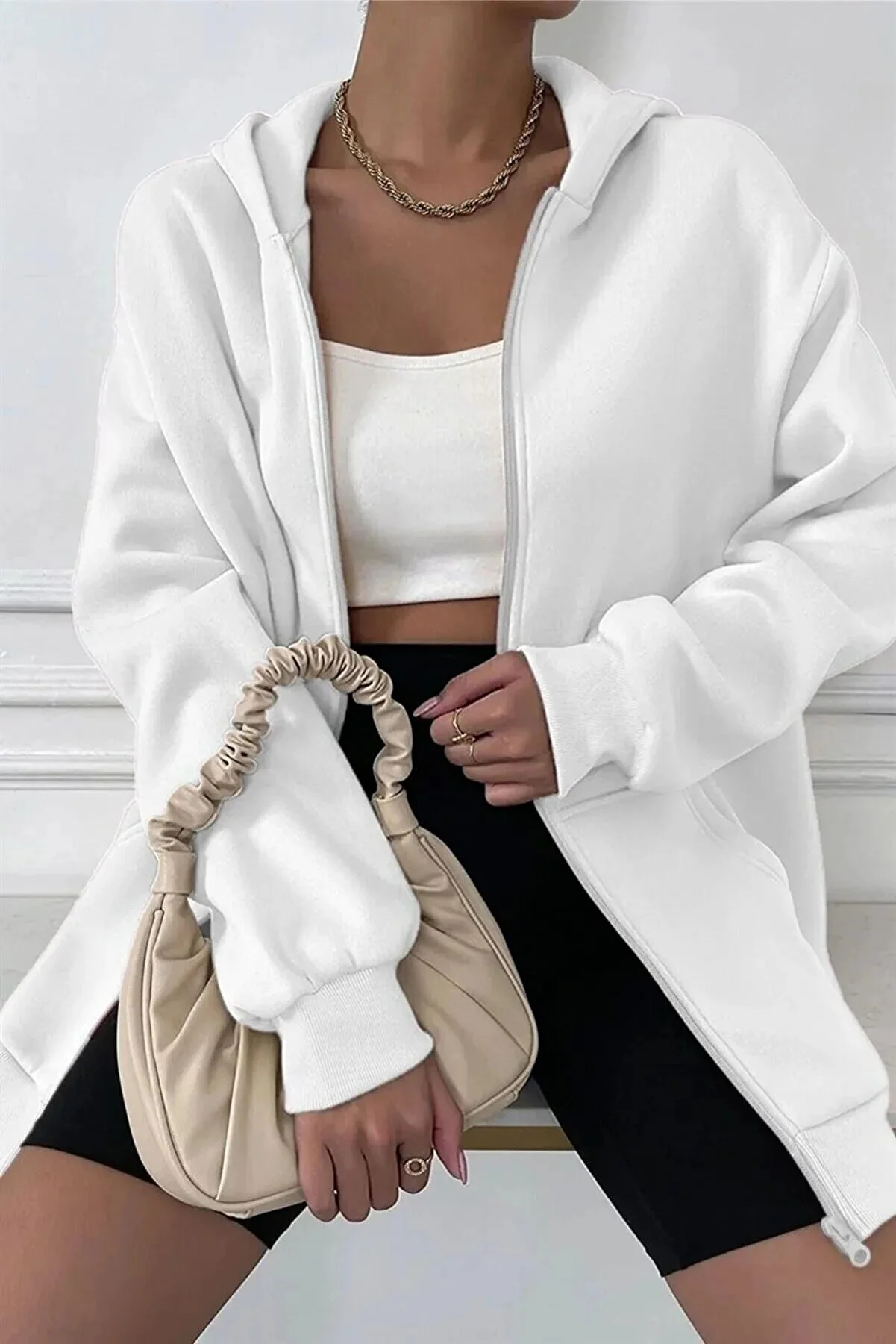 MODAGEN  Unisex-Strickjacke aus weißer Baumwolle mit Reißverschluss