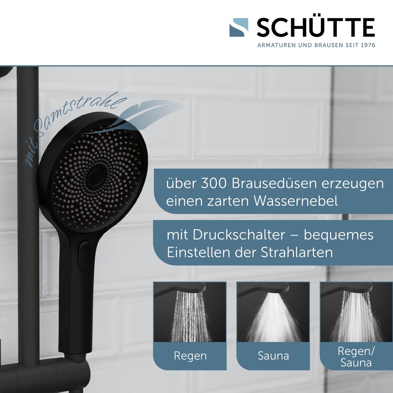 Schütte Handbrause SAMOA RAIN, Duschbrause mit 3 Strahlarten Schwarz matt