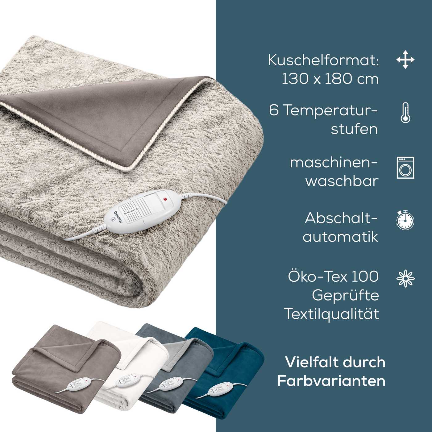 Beurer Wärmezudecke HD 75 Nordic Taupe-Atmungsaktive Heizdecke mit luxuriösem & fusselfreiem Obermaterial