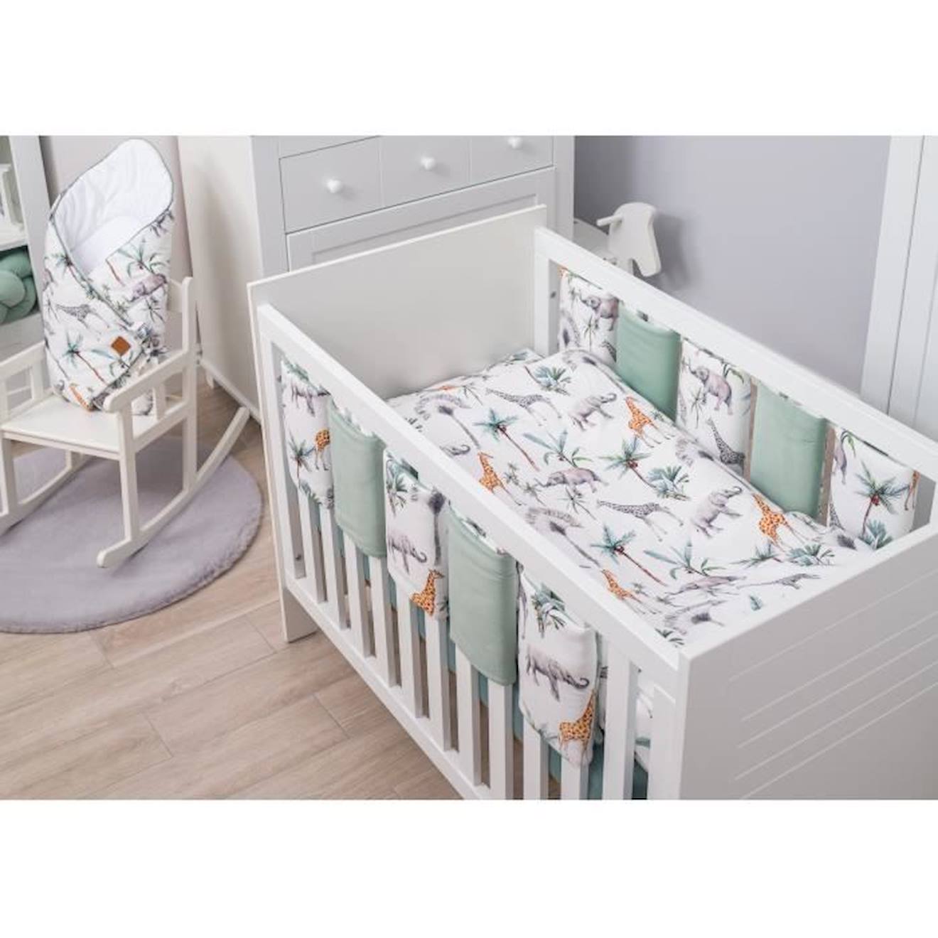 Tour de lit modulable et réversible, SAFARI Multicolore Pour lit bébé de 60x120 ou 70x140 cm vert