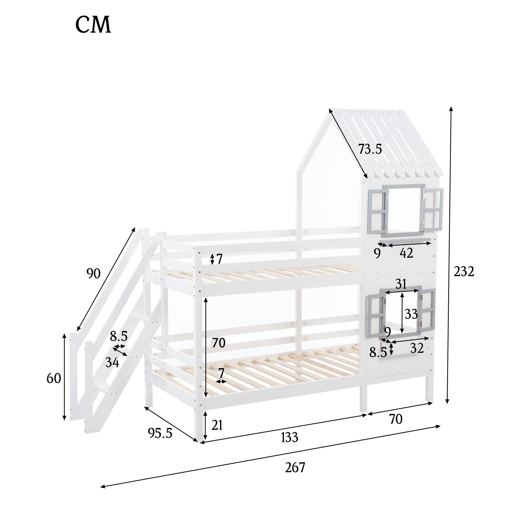 OKWISH Etagenbett Etagenbett mit Handlauf und Fenster, Bett, Kinderbett (Kinderbett mit Fallschutz und Gitter, Fallschutz und Gitter), Rahmen aus Kiefer,90x200cm