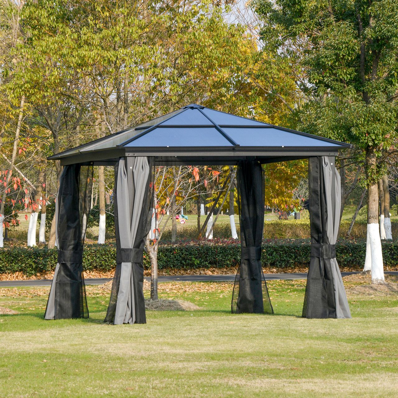 Outsunny Luxus Pavillon Gartenpavillon Alu Partyzelt Gartenzelt mit lichtdurchlässigem PC Dach Dunkelgrau Schwarz 300 x 300 x 265 cm