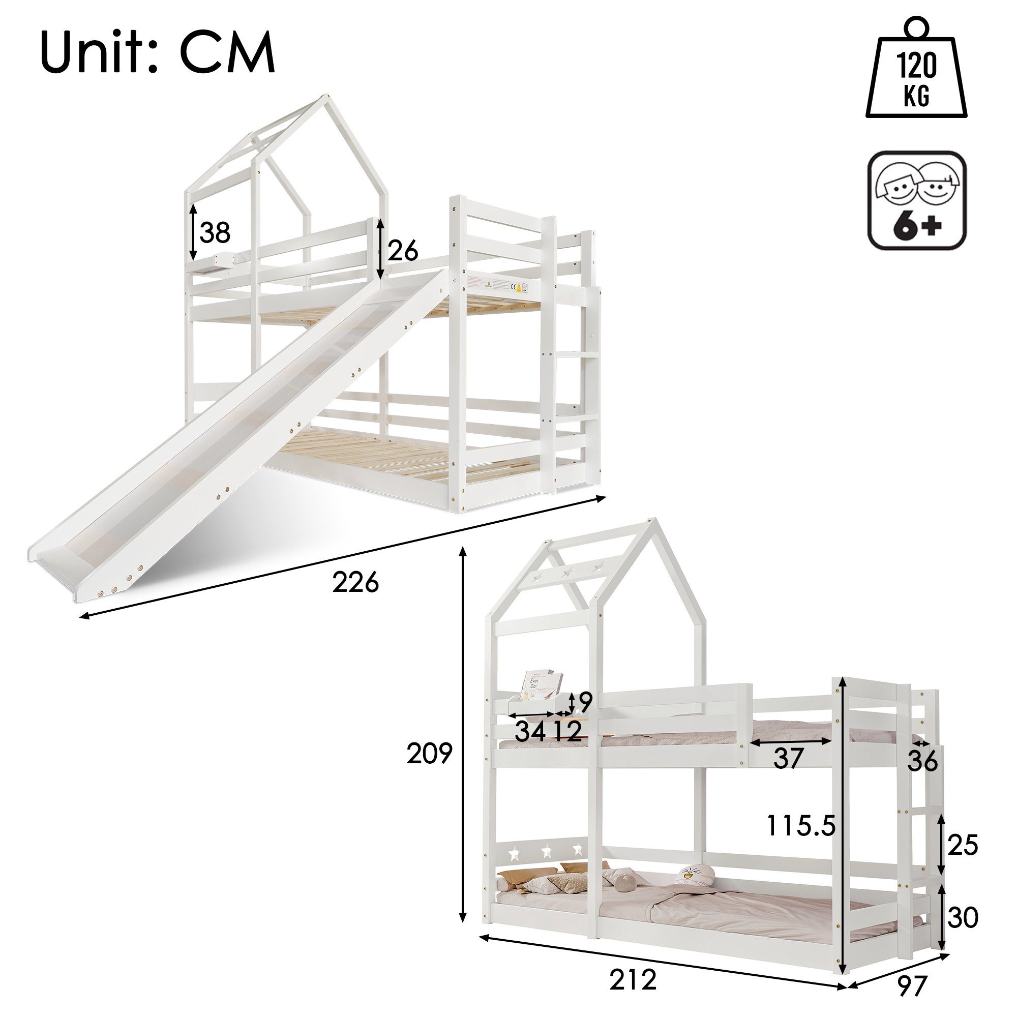 BlingBin Etagenbett Kinderbett Baumhaus Hochbett für Kinder (1-St., mit Rutsche & Leiter 90 x 200 cm), Rundum-Absturzschutz