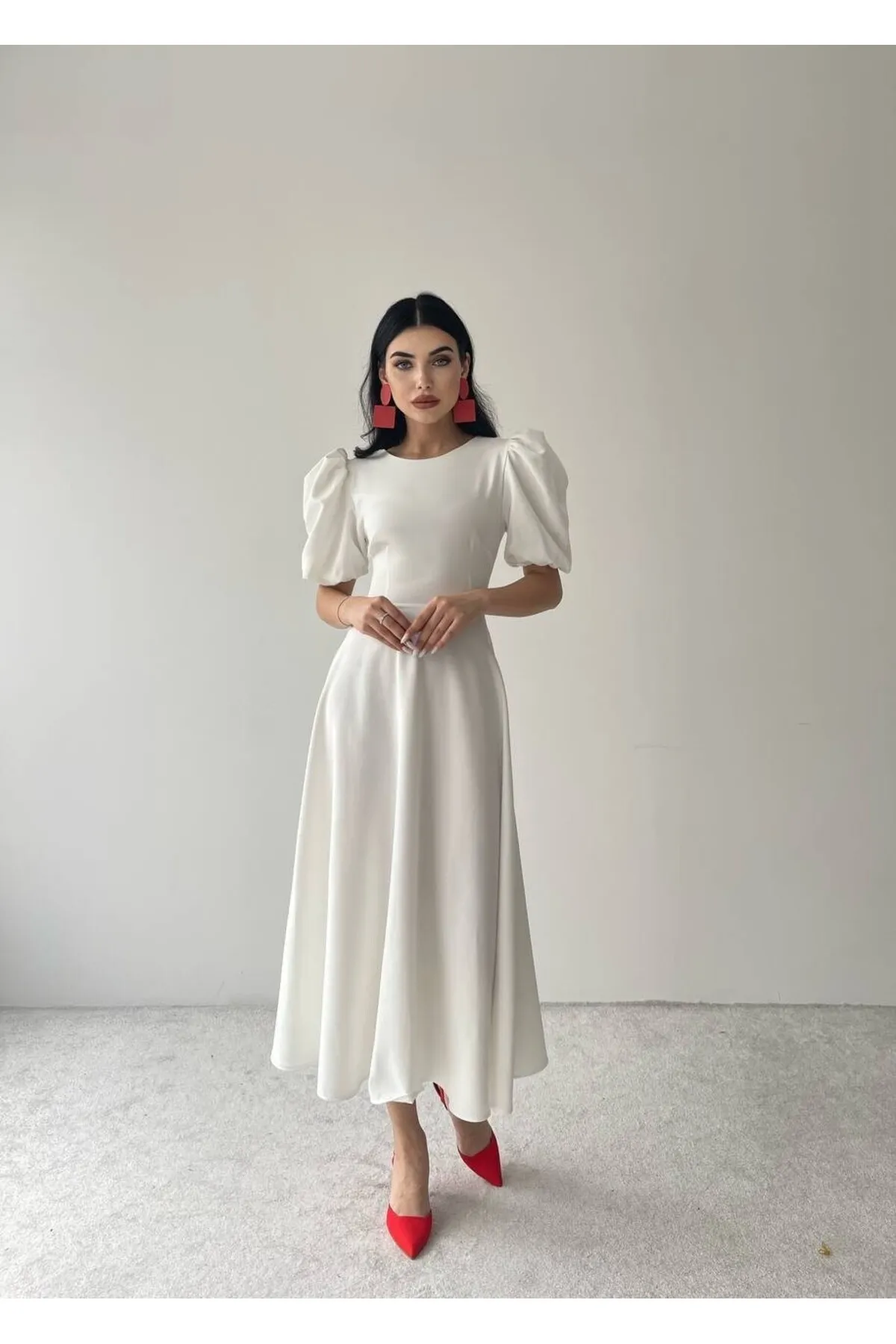 Afiş Butik  Weißer Rock mit Rundhalsausschnitt und Ballonärmeln, ausgestelltes Premium-Kleid in Midi-Länge