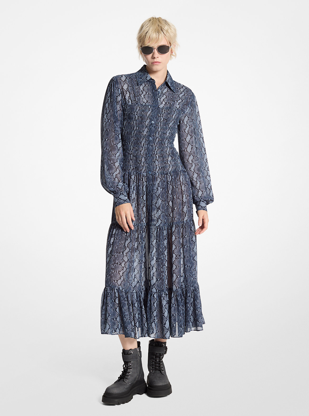 Snake Print Georgette Smocked Shirtdress - ADMIRAL