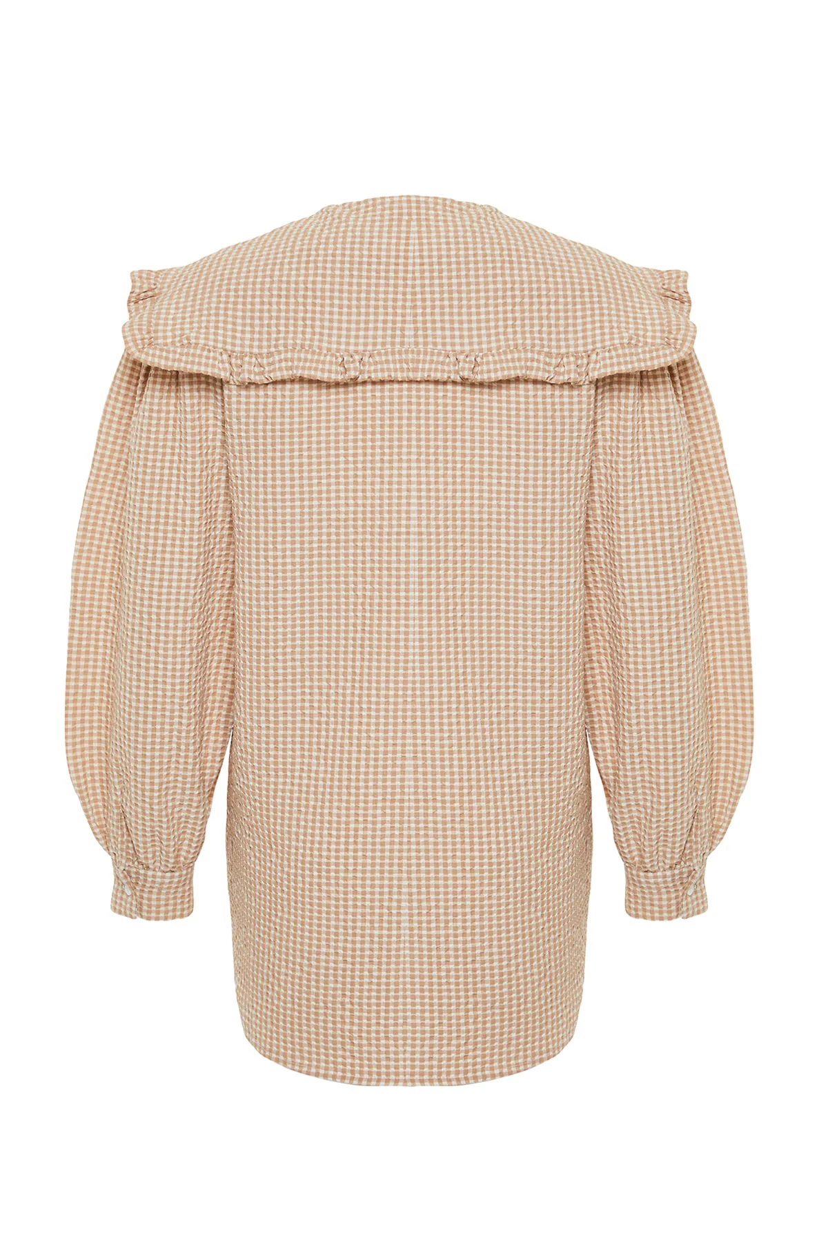 Trendyol Modest  Braune gewebte Tunika mit Gingham-Muster und Babykragen TCTSS23UK00065