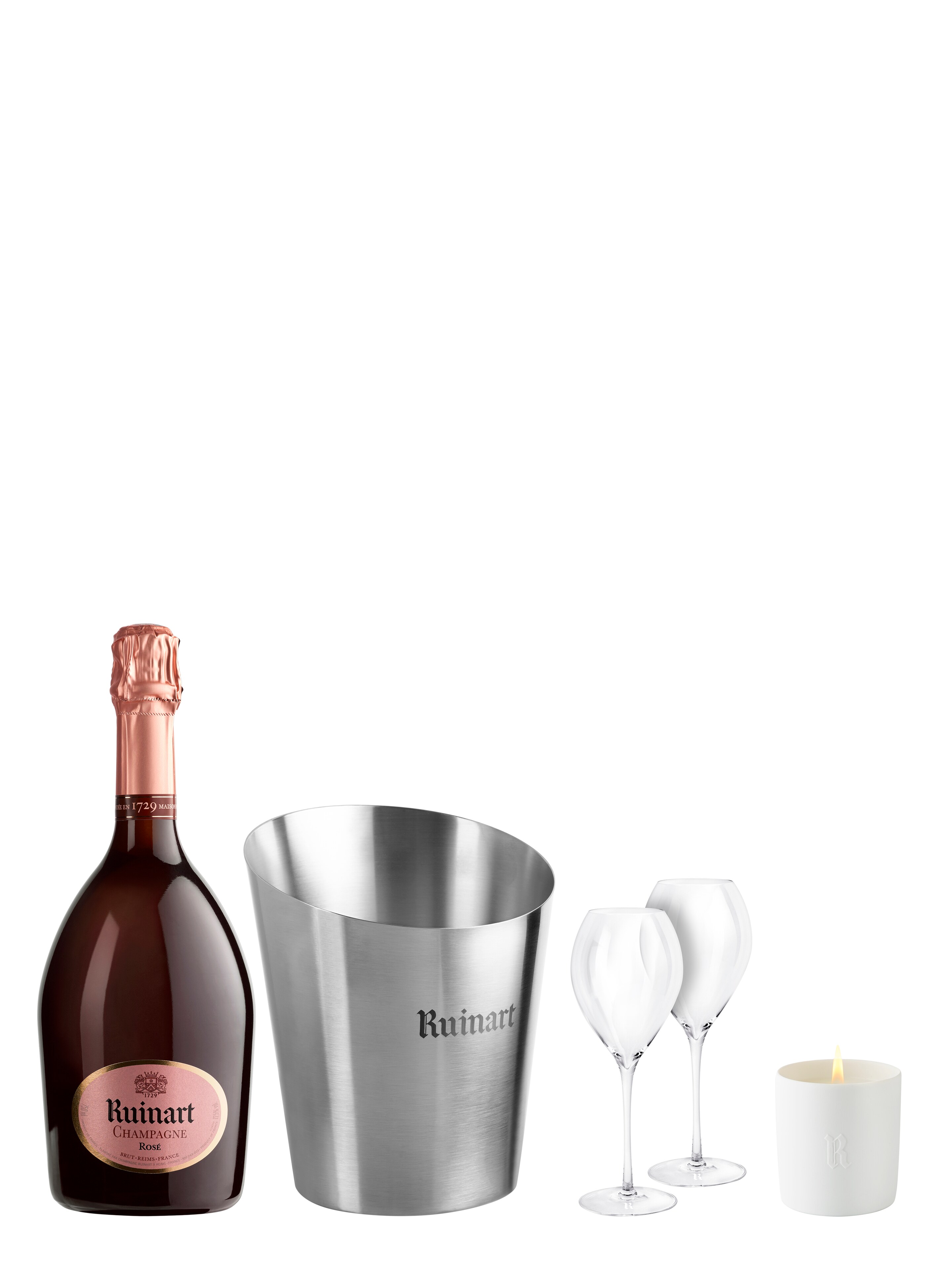 Ruinart Rosé Romantik Set - Set mit einer Flasche 750 mL + Kühler + 2 Gläsern + 1 Kerze