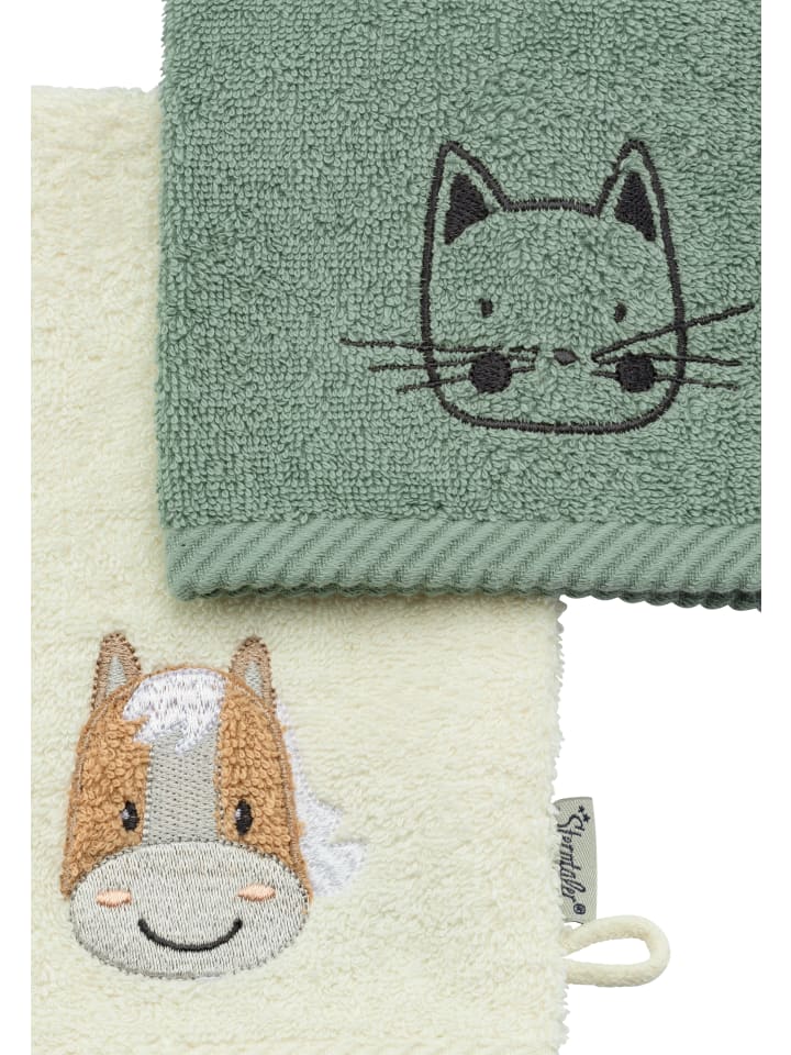 Sterntaler Waschhandschuhe 2er-Pack KATZE Lilly   PFERD Sunny in sattes grün günstig kaufen onesize