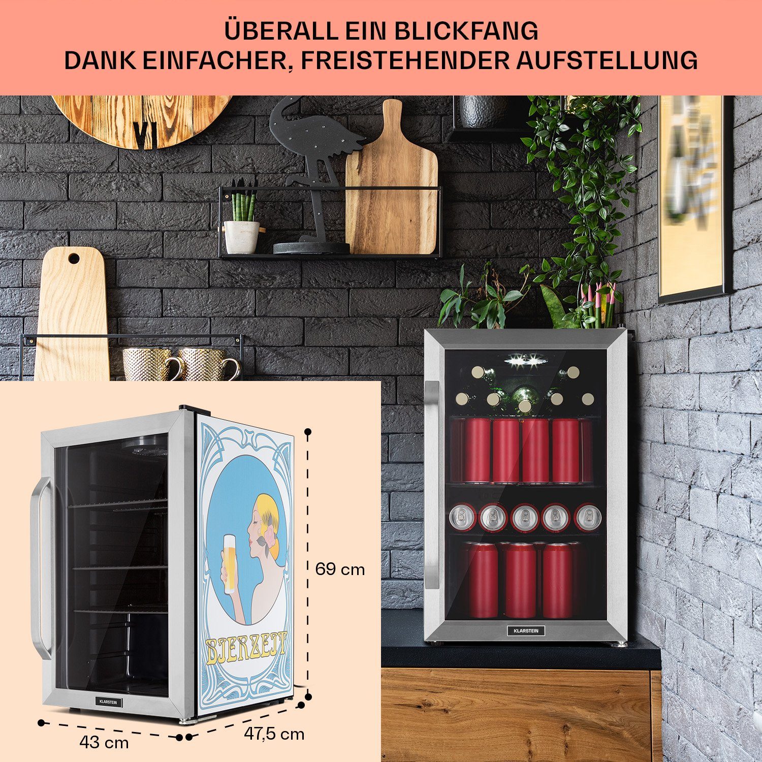 Klarstein Getränkekühlschrank HEA13-Beerzeit-SS 10041175, 67 cm hoch, 43 cm breit, Bierkühlschrank Getränkekühlschrank Flaschenkühlschrank mit Glastür