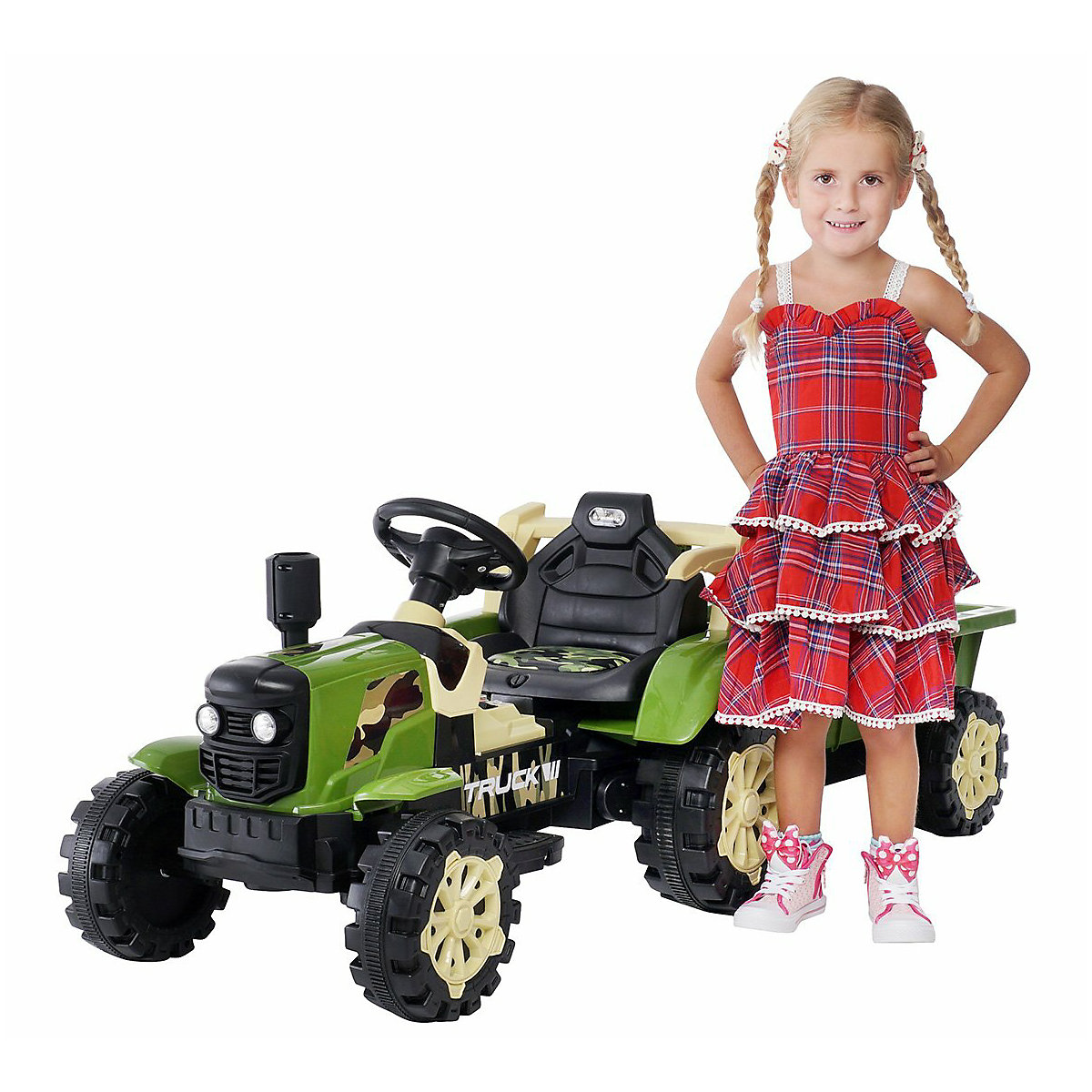 Kinder Elektroauto Traktor mit Anhänger - 2x25 Watt - Kinderauto mit Fernbedienung - Soundmodul