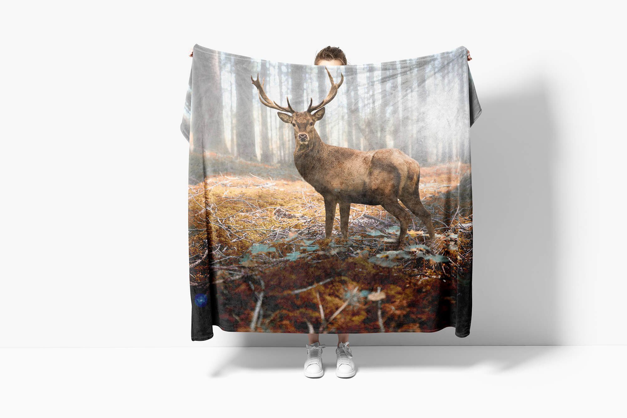 Sinus Art Handtücher Handtuch Strandhandtuch Saunatuch Kuscheldecke mit Tiermotiv Hirsch Wald Sonnen, Baumwolle-Polyester-Mix (1-St), Handtuch