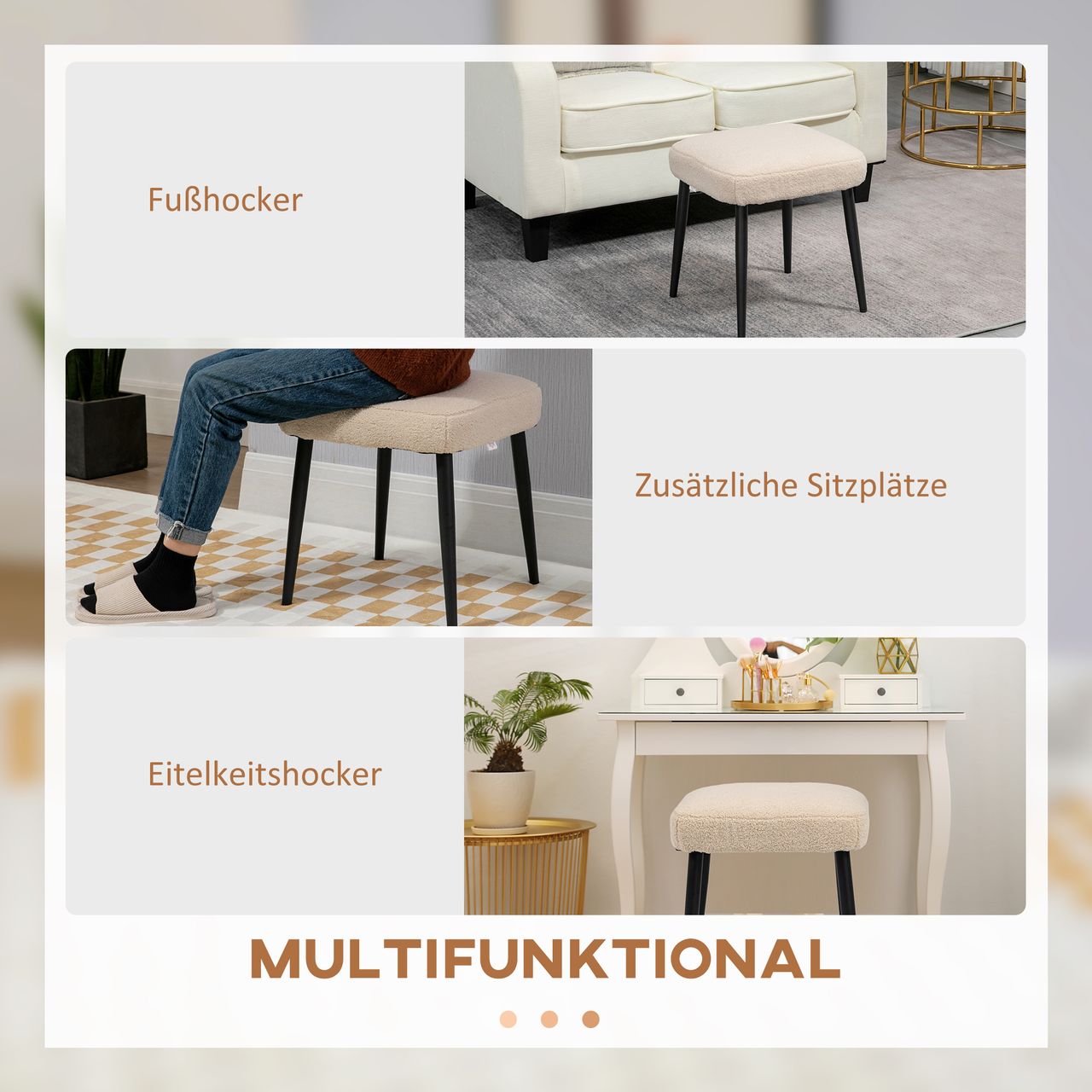 HOMCOM Fußhocker Sitzhocker Quadratischer Schminkhocker mit Kaschmir-Optik
