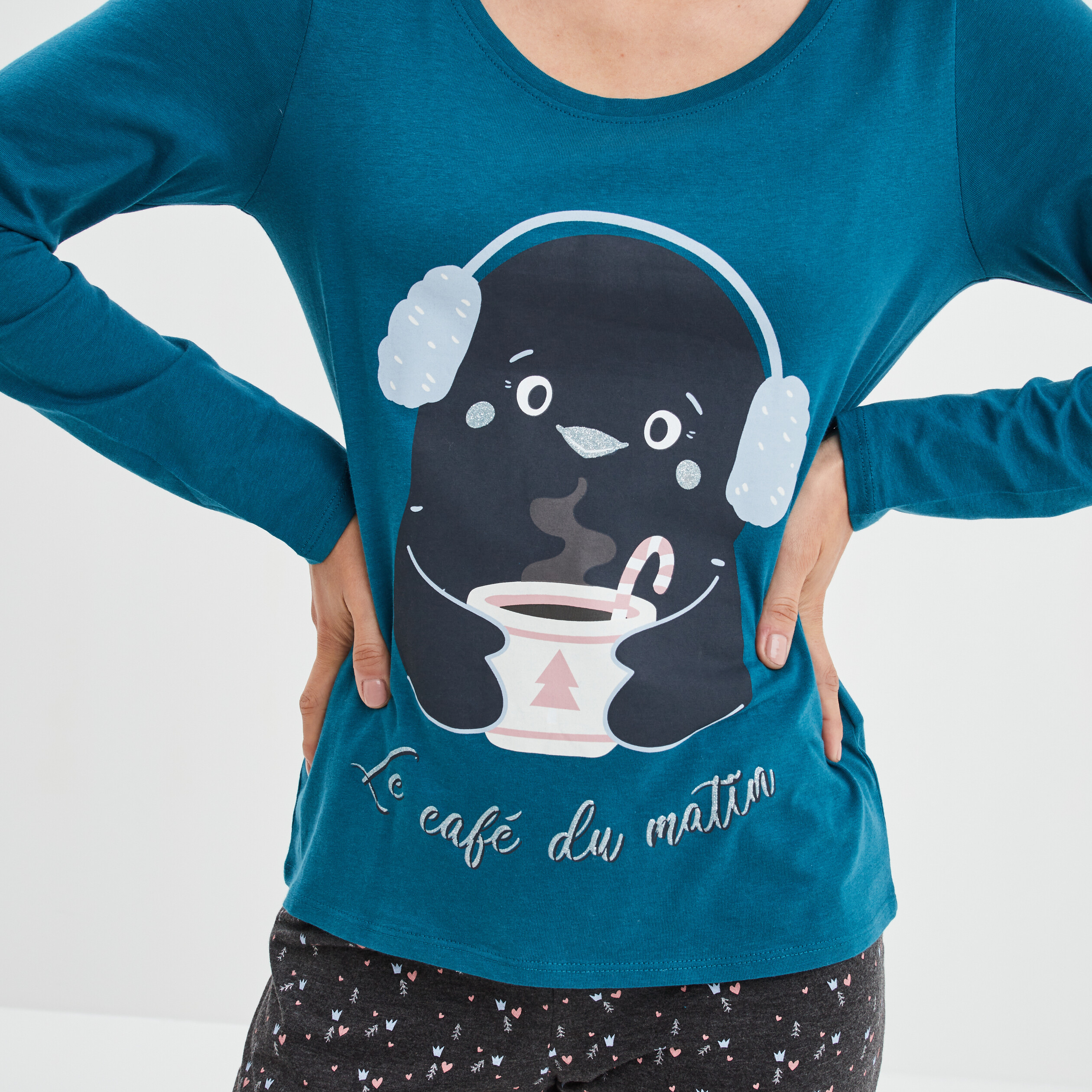 Ensemble pyjama pantalon 2 pièces coton bleu canard femme | La Halle