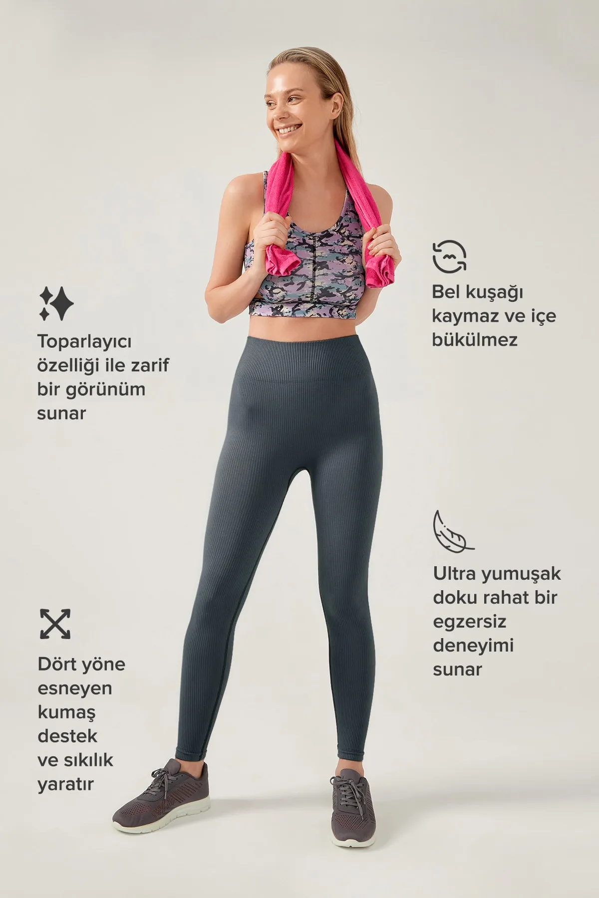 LOS OJOS  Nahtlose, gerippte Fitness-Leggings für Damen in Anthrazit mit hoher Taille