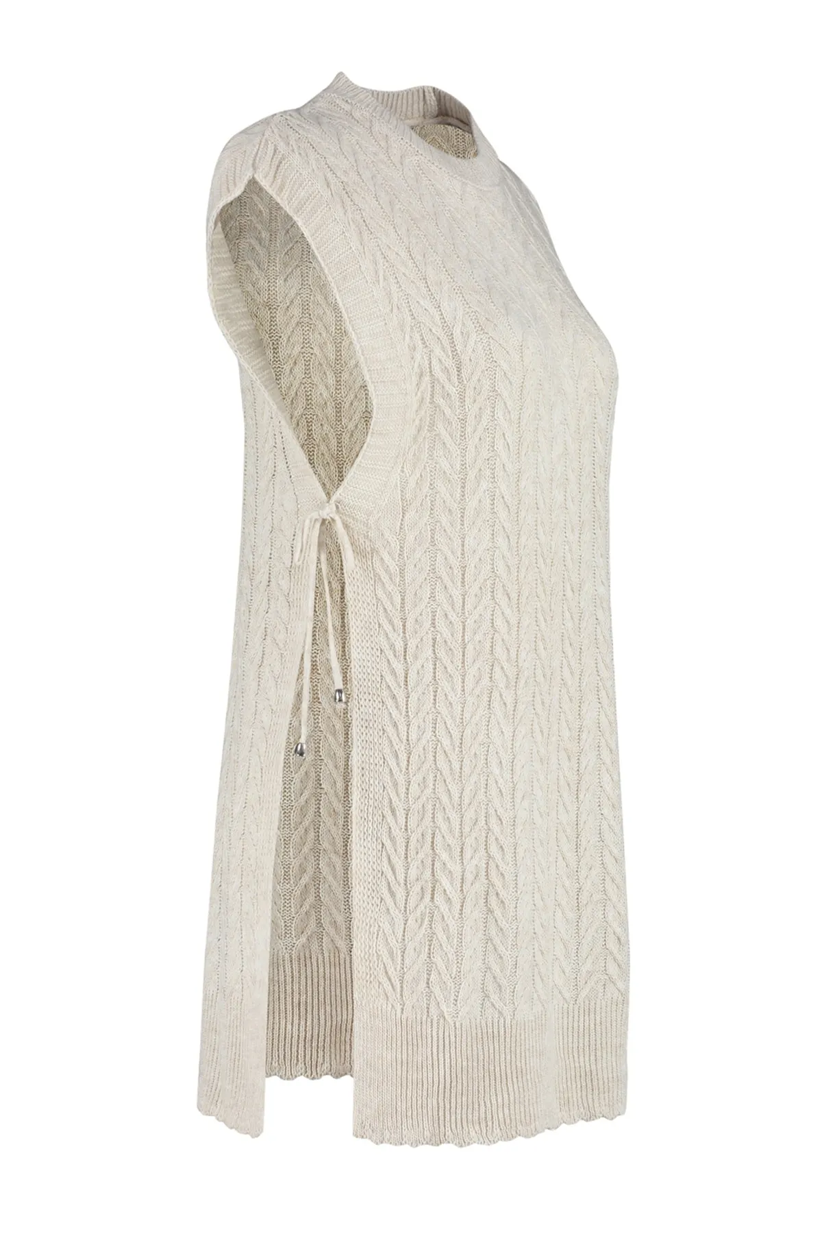 Trendyol Modest  Beigefarbener Strickpullover mit Krawatte und V-Ausschnitt TCTAW24UV00014