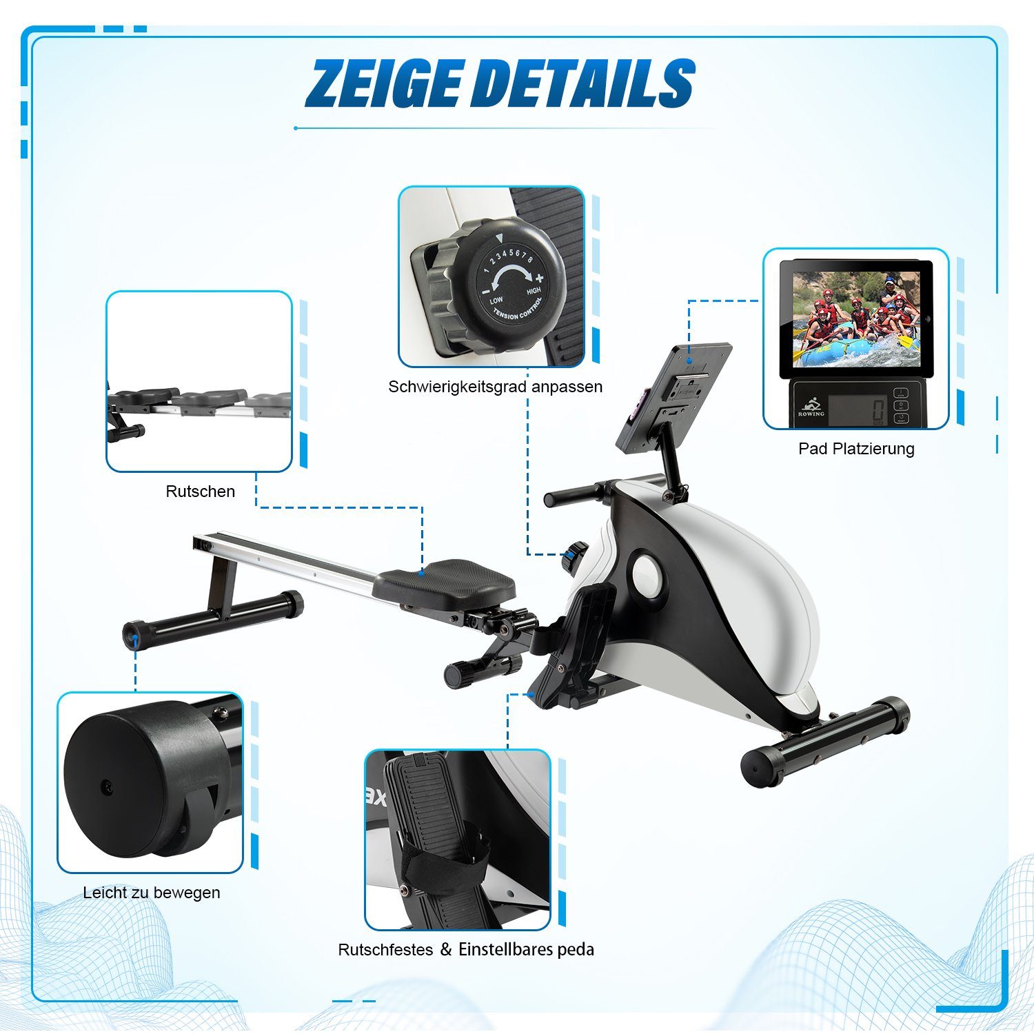 WISHDOR Rudergerät Wasser Rudergerät Rudermaschine klappbar 8 Widerstandsstufen zuhause (mit Transporträdern, mit LCD-Display, leises Magnetbremssystem, Enthält kein PAD), für Zuhause das Heim-Fitnessstudio Rower Ruderer Bis 110KG