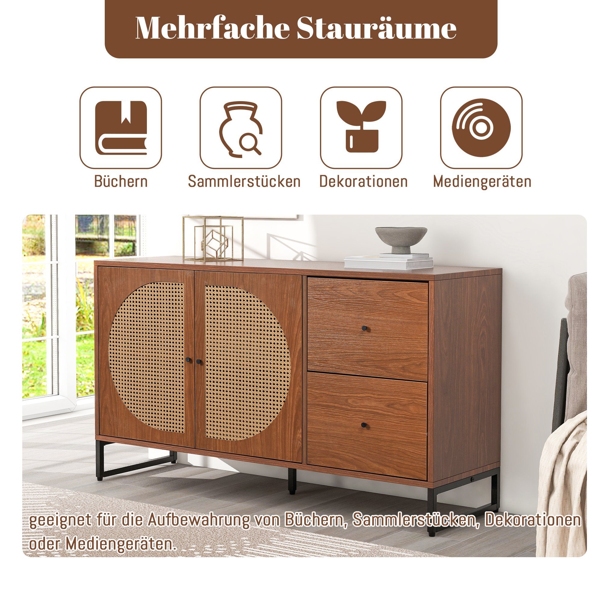 REDOM Sideboard Kommode Mehrzweckschrank (mit 2 Rattan verzierten Türen und 2 Schubladen Kommode Küchenschrank), Highboard mit Metallgriffe