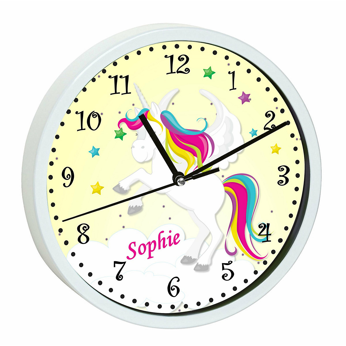 Kinder Wanduhr personalisiert mit Name Pegasus Gelb