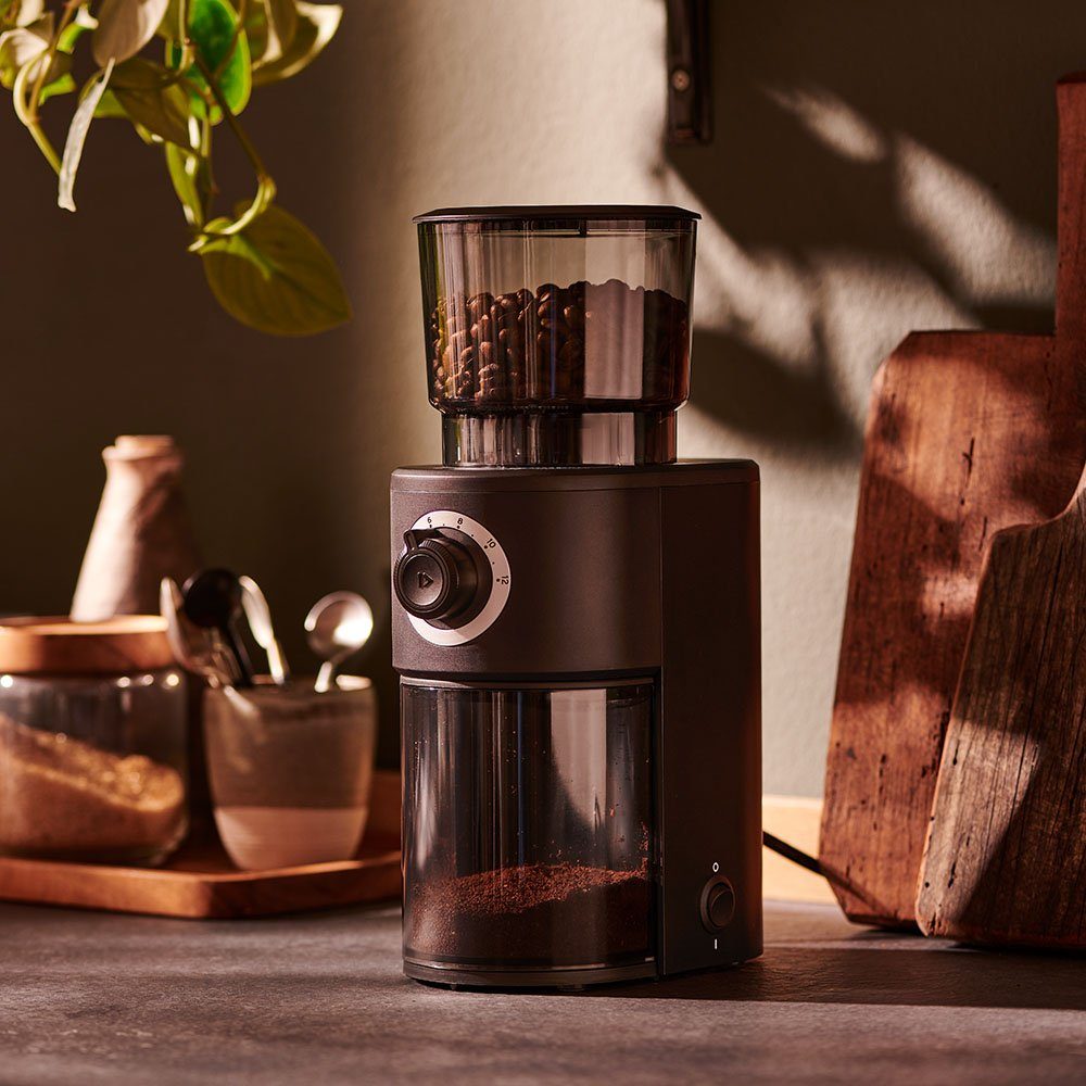 Tchibo Kaffeemühle elektrisch mit hochwertigem Kegelmahlwerk 160W, 160 W, 150 g Bohnenbehälter, fein bis grob, 12-Tassen Fassungsvermögen, robuste Edelstahlklingen