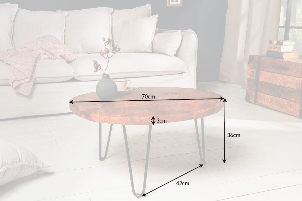riess-ambiente Couchtisch MOSAIK Ø70cm natur / schwarz (Einzelartikel, 1-St), Wohnzimmer · Massivholz · rund · handmade · Hairpin Legs aus Metall