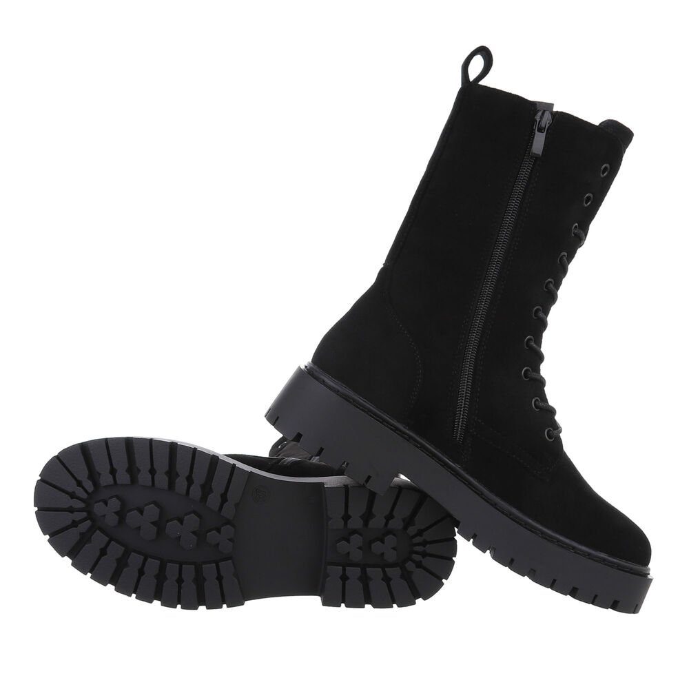 Ital-Design Damen Schnürschuhe Freizeit Schnürstiefelette Blockabsatz Plateaustiefeletten in Schwarz