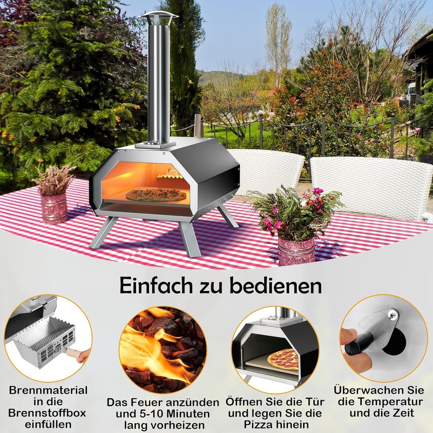 KOMFOTTEU Pizzaofen Gartenofen, mit Pizzastein, Pizzaschieber & Thermometer