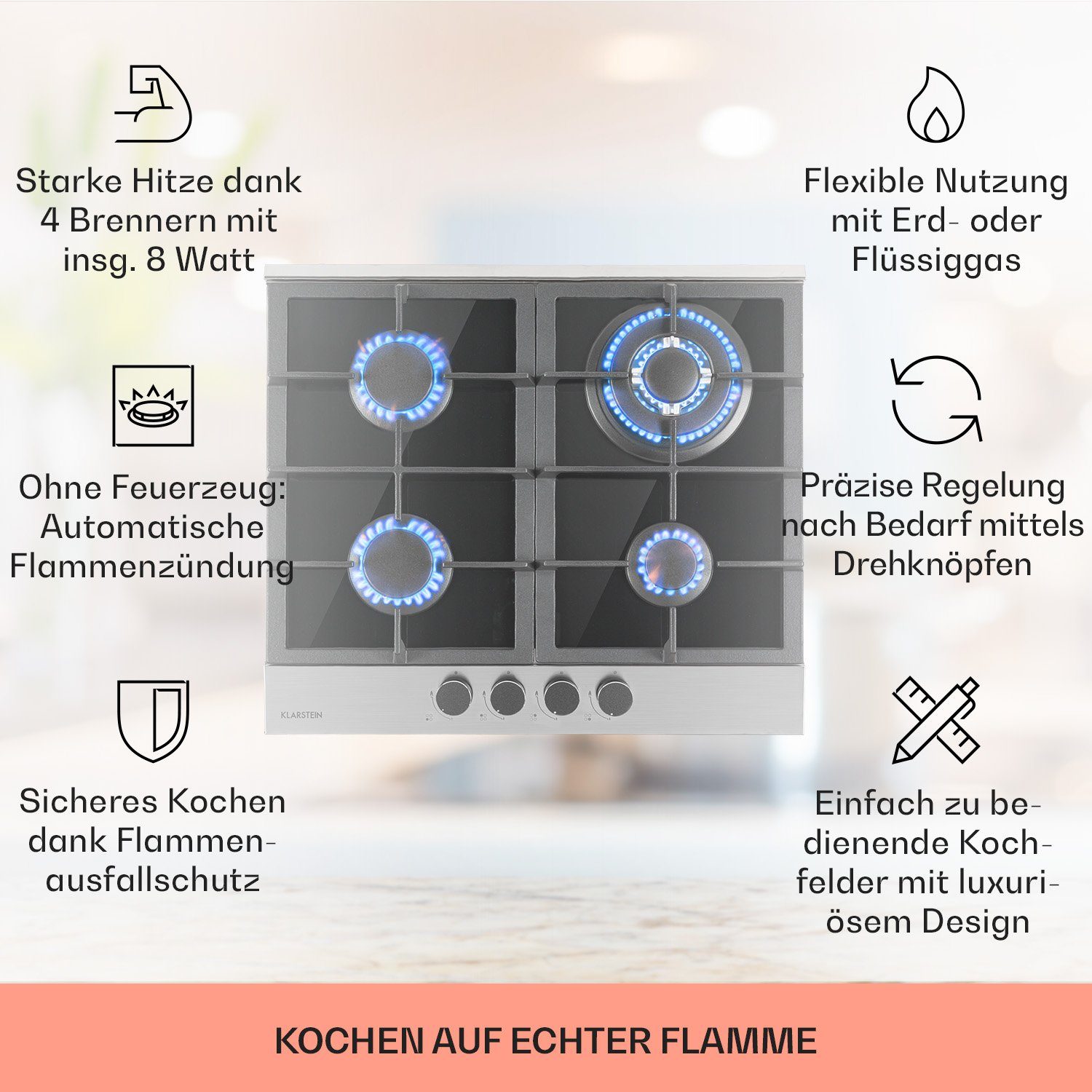 Klarstein Gas-Kochfeld Alchemist 4 Zonen Gaskochfeld Aluminium-Brenner Glaskeramik schwarz CP11-Alchemist-4, 4 flammen brenner Kochfelder Gaskochfelder