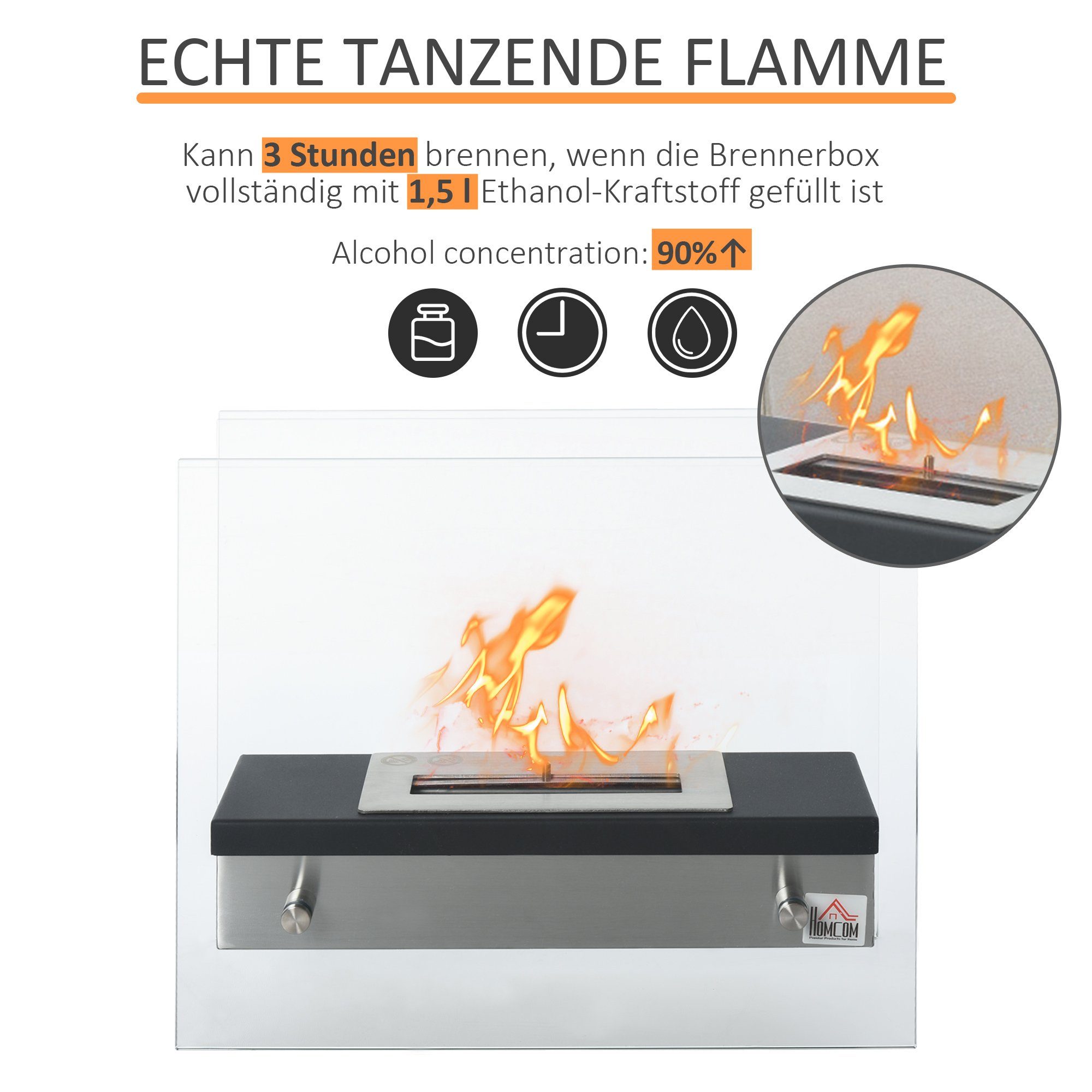 HOMCOM Echtfeuer-Dekokamin Ethanol-Kamin, Bio-Ethanol-Brenner 1,5L, 3 Stdn. Brenndauer, 47 x 20 x 40 cm