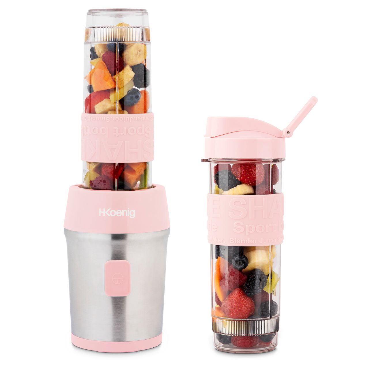 H.Koenig Mini-Mixer/Smoothiemaker SMOO12 /kompakt / 570 ml / BPA-frei / leistungsstark / 300 W / 4 Edelstahlklingen / 2 Flaschen mit Reisedeckel inklusive, Pink