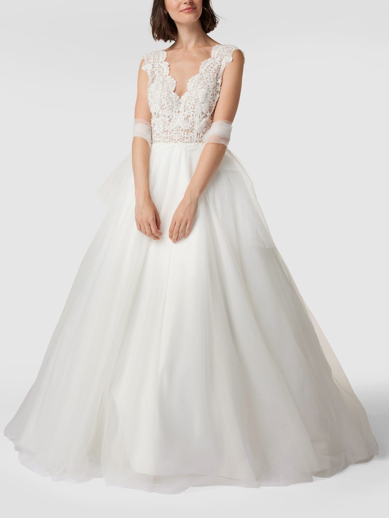 Brautkleid mit floralen Stickereien und Glitter-Effekt in offwhite