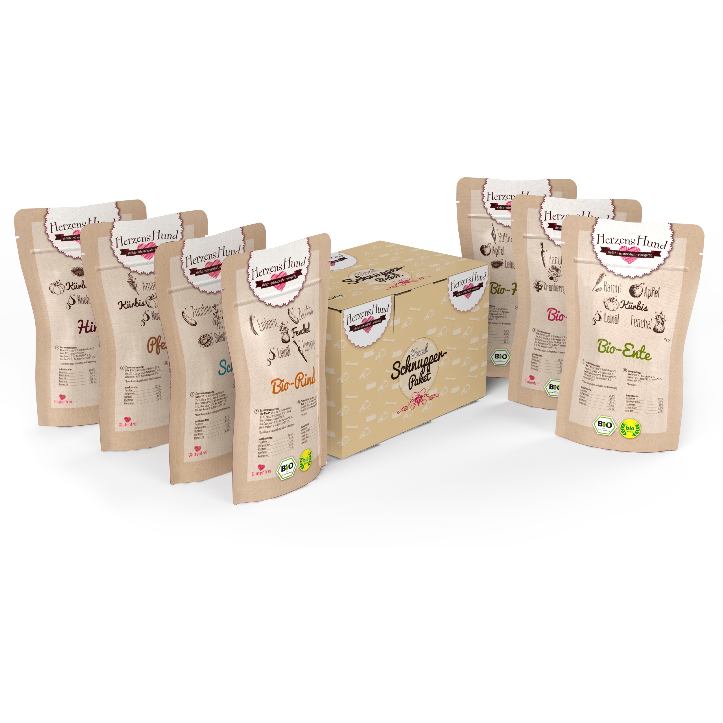 HerzensHund Hundenassfutter HerzensHund Adult Schnupperpaket Bio 7x130g Mixpaket