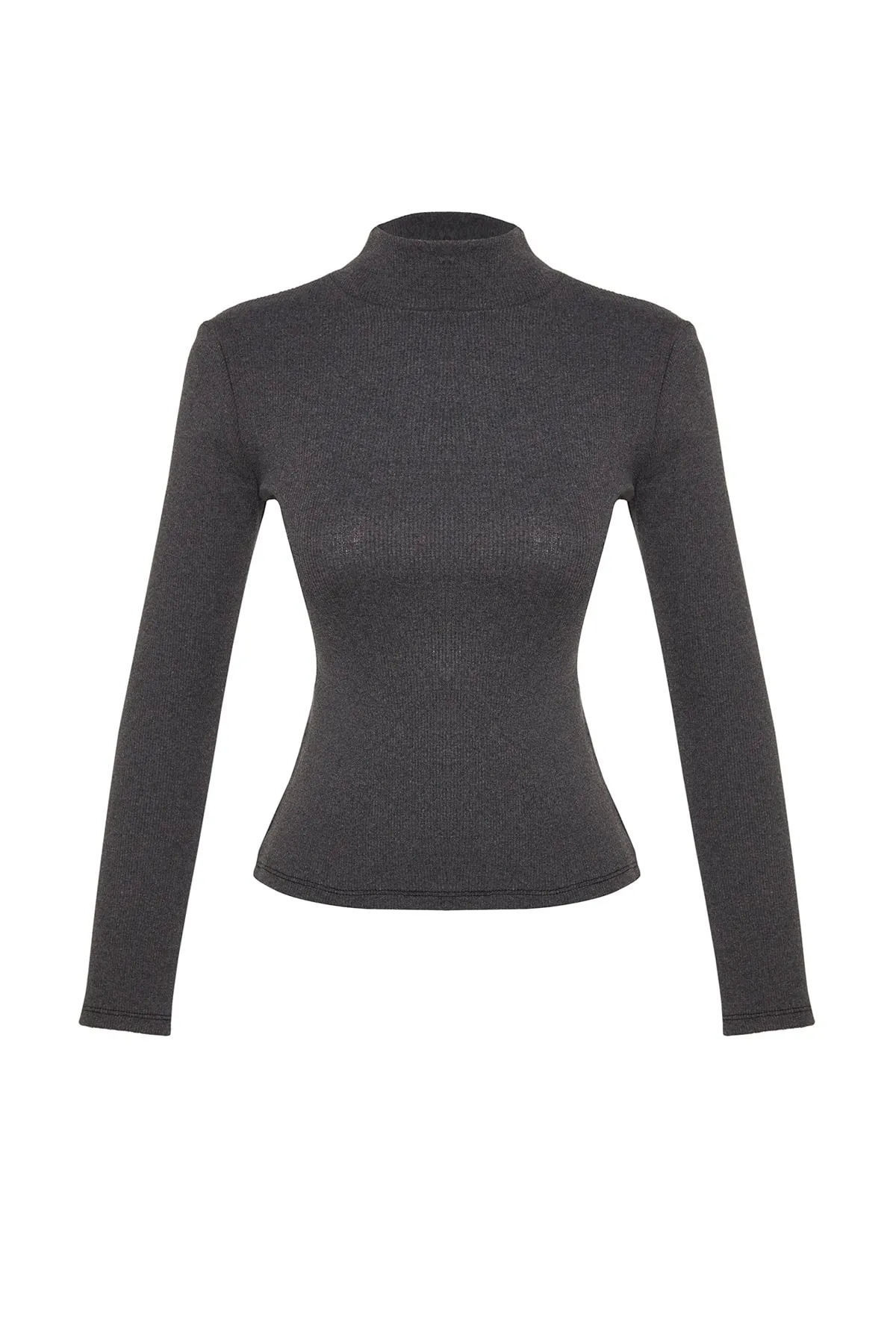 Trendyol Collection  Dunkelanthrazitfarbene, taillierte, langärmelige, gerippte, dehnbare Strickbluse mit hohem Kragen TWOAW21BZ0423