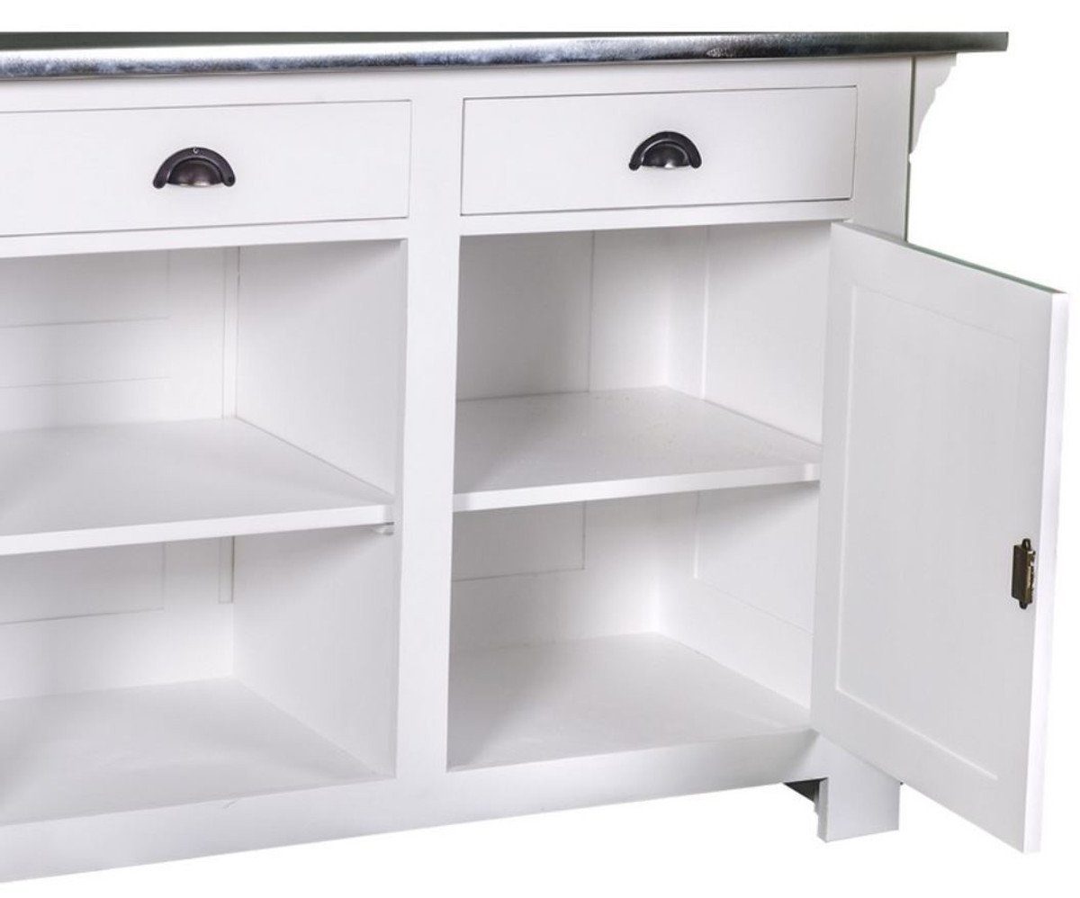 Casa Padrino Barschrank Landhausstil Theke Weiß / Silber 191 x 68 x H. 95 cm - Massivholz Thekentisch mit verzinkter Tischplatte