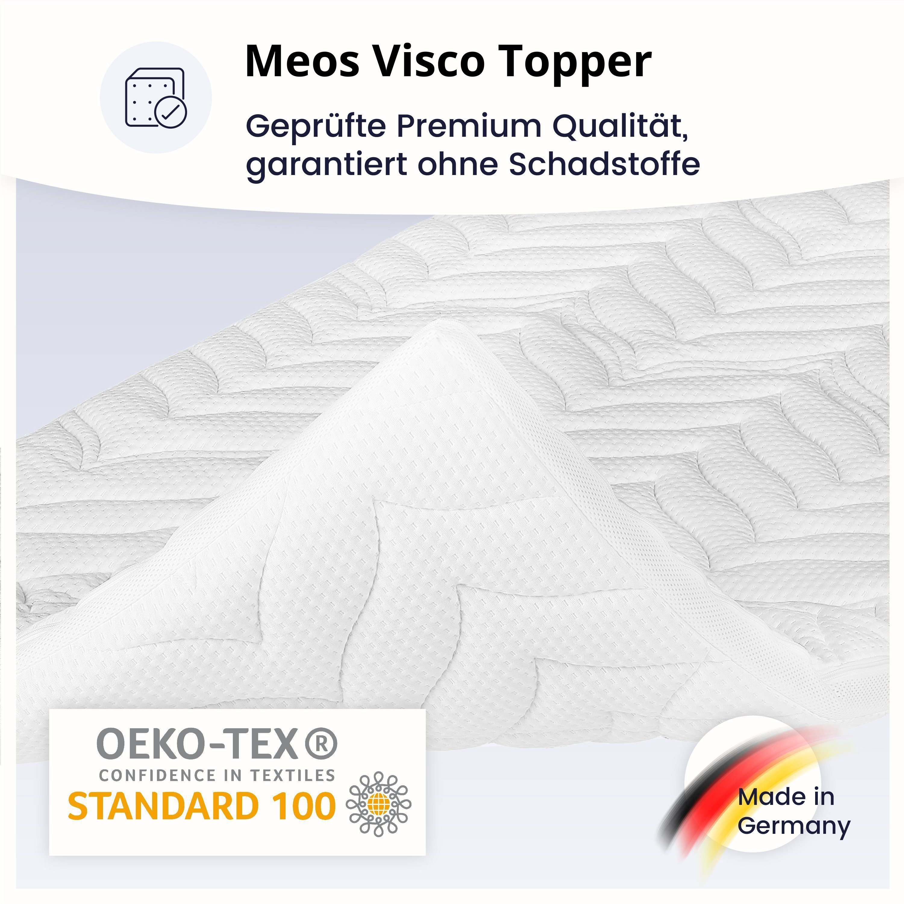 Topper Visco-Topper für Matratzen und Boxspringbetten, Meos, 6 cm hoch, Viscoschaum, 90x200 cm, Made in Germany, Druckentlastende Eigenschaften, 4-seitiger Reißverschluss sorgt für abnehmbaren und waschbaren Bezug, Besonders atmungsaktiv durch Klimab