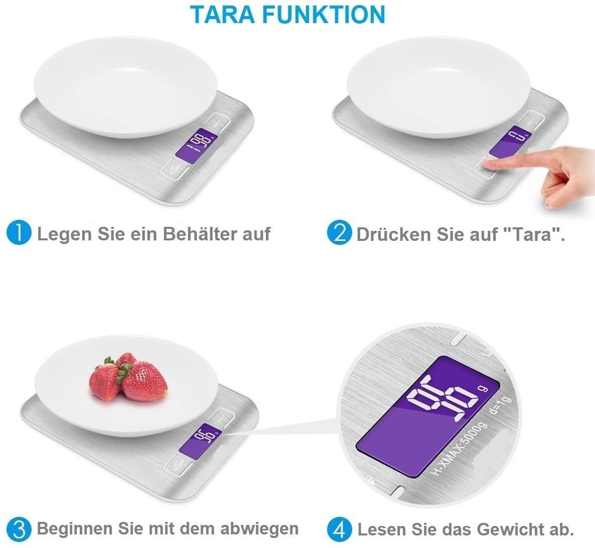 Sena Küchenwaage Digitale Edelstahl Waage, 0,01 - 5000g Küchenwaage Digital, Feinwaage, (Zuwiegefunktion, Grammwaage mit LED Display), Hochwertige Lebensmittelwaage, Feinwaage, Briefwaage, Digitalwaage