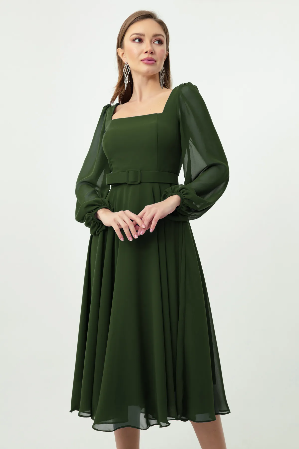 Lafaba  Khakifarbenes Abendkleid aus Midi-Chiffon mit quadratischem Kragen und Gürtel für Damen