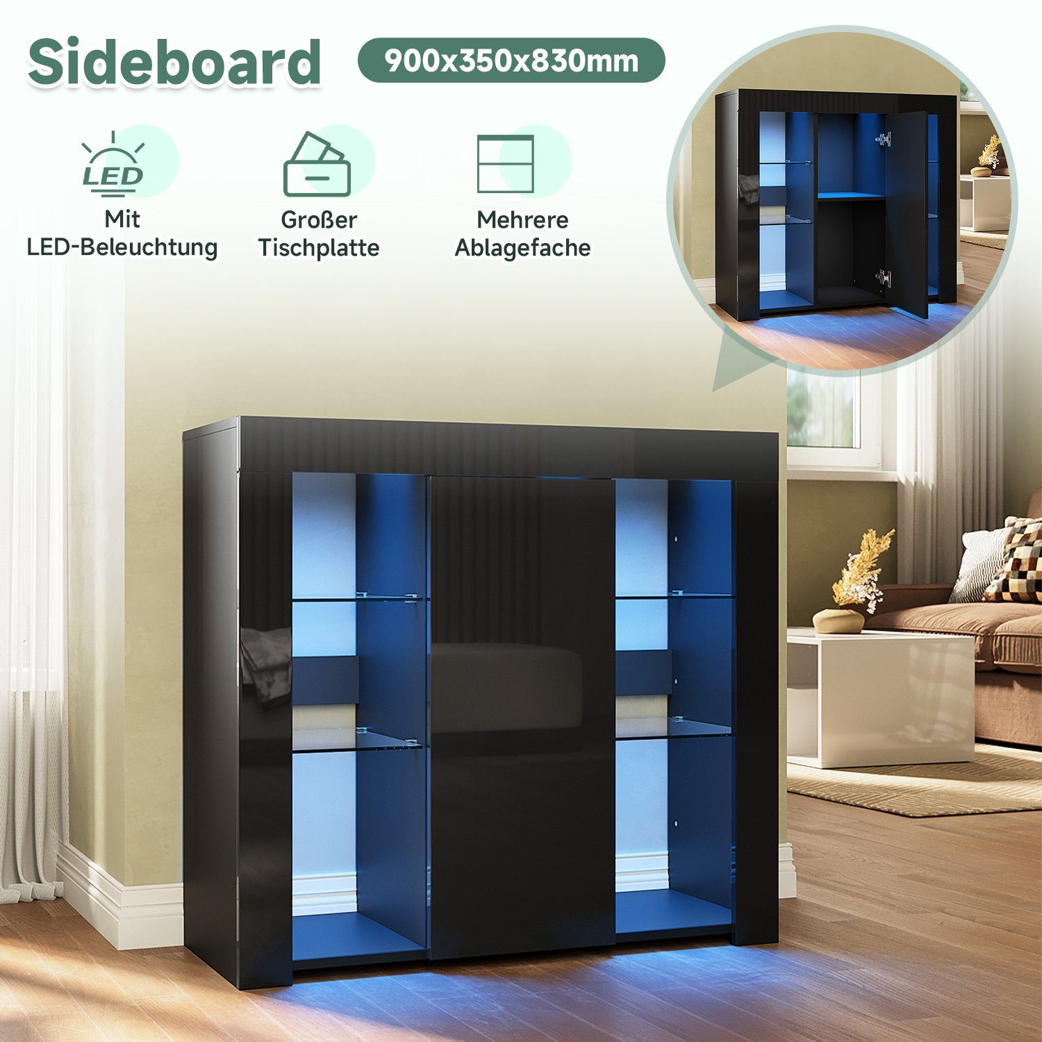 SONNI Sideboard Sideboard Küchenschrank mit LED Beleuchtung 90x35x83cm, Hochglanz, mit Schranktür und 4 glas Einlegeböden, Wohnzimmerschrank
