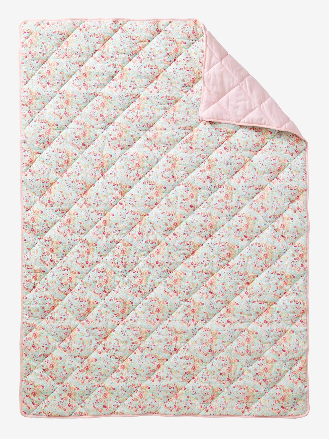 Vertbaudet Mädchen Steppdecke mit Blumenmuster Oeko-Tex - aqua geblümt/rosa