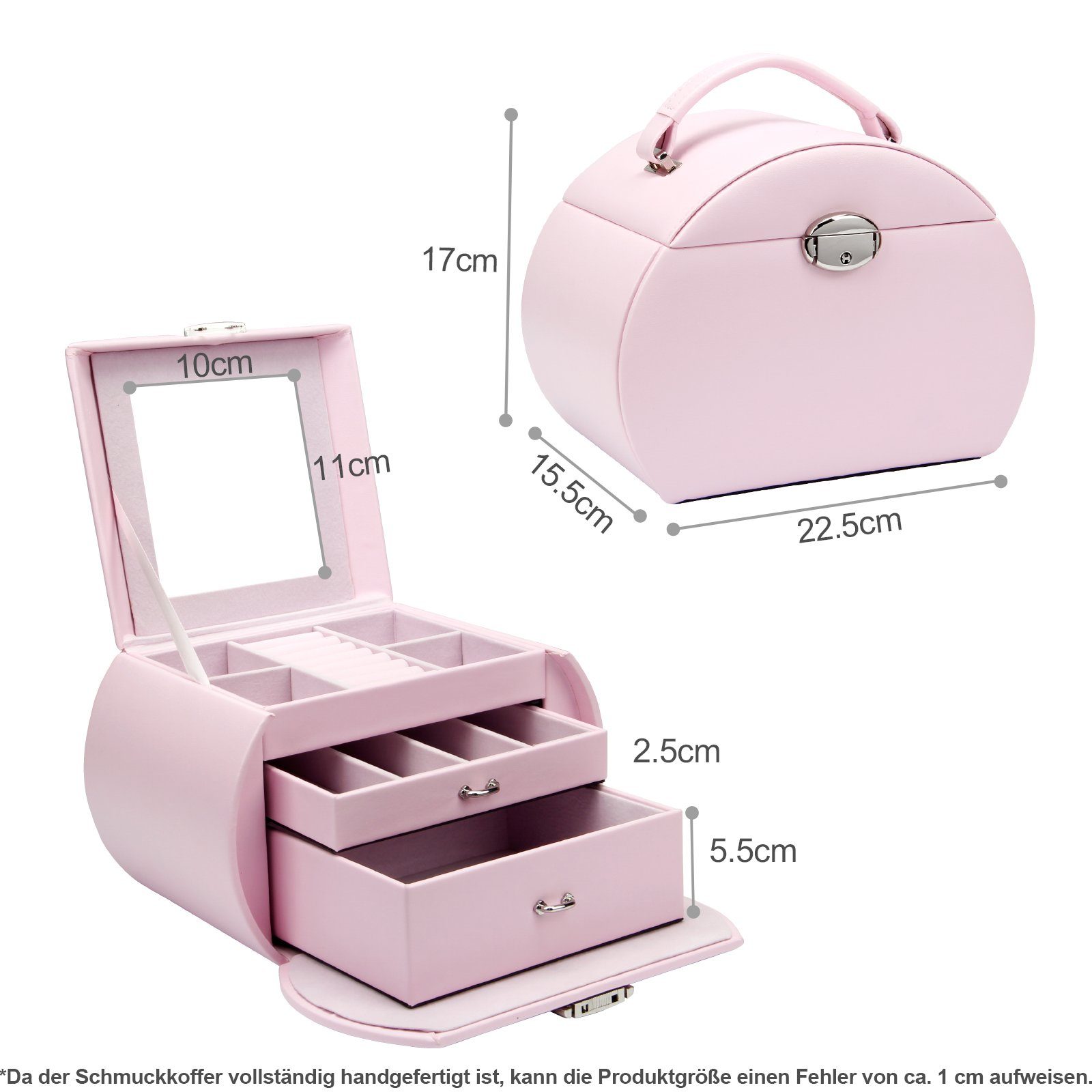Yorbay Schmuckkasten Schmuckkoffer komplett abschließbar Schmuckkasten Pink (Mit 3 Ebenen, Mit Spiegel), Schmuckkästchen für Halsketten, Ringe, Armbänder, Ohrringe, Brille