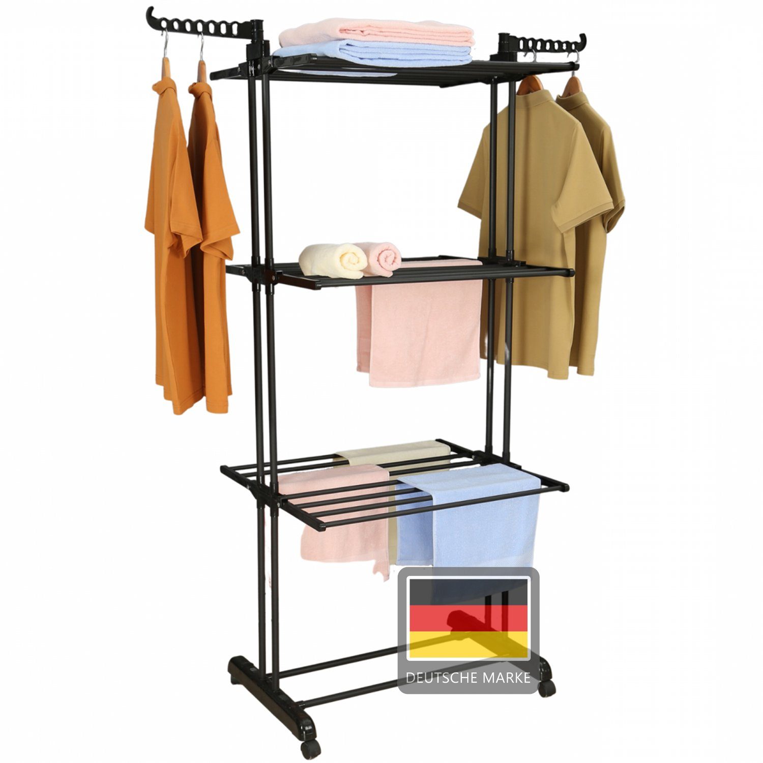 NYVI Turmwäscheständer Wäscheständer Turm LaundryFlex Turmwäscheständer Extra Groß & Stabil, Robuster Edelstahl Platzsparend Einklappbar 360° Räder 50Kg Tragkraft