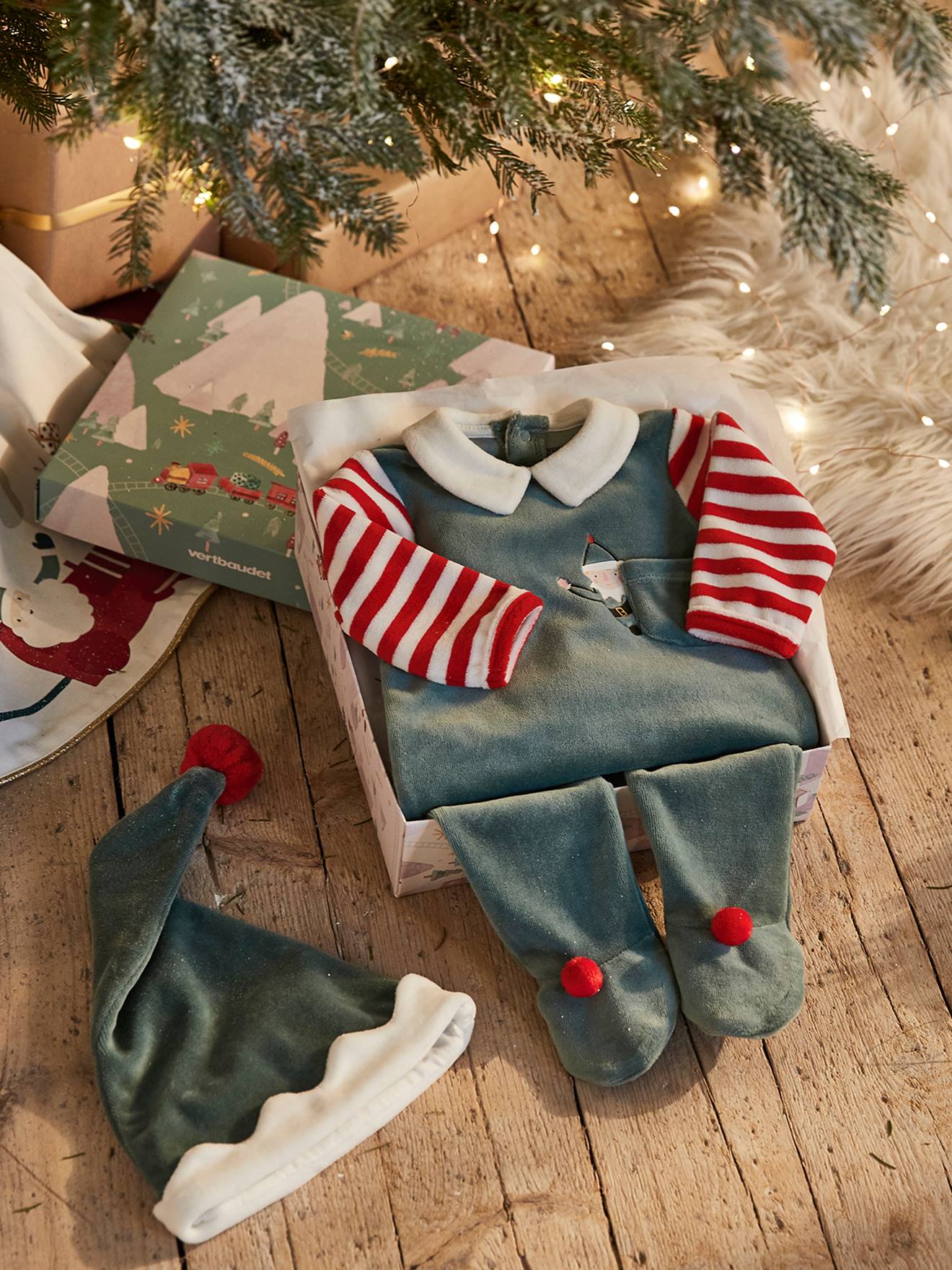 Vertbaudet Baby Set aus Strampler und Mütze, Wichtel-Kostüm - tanne