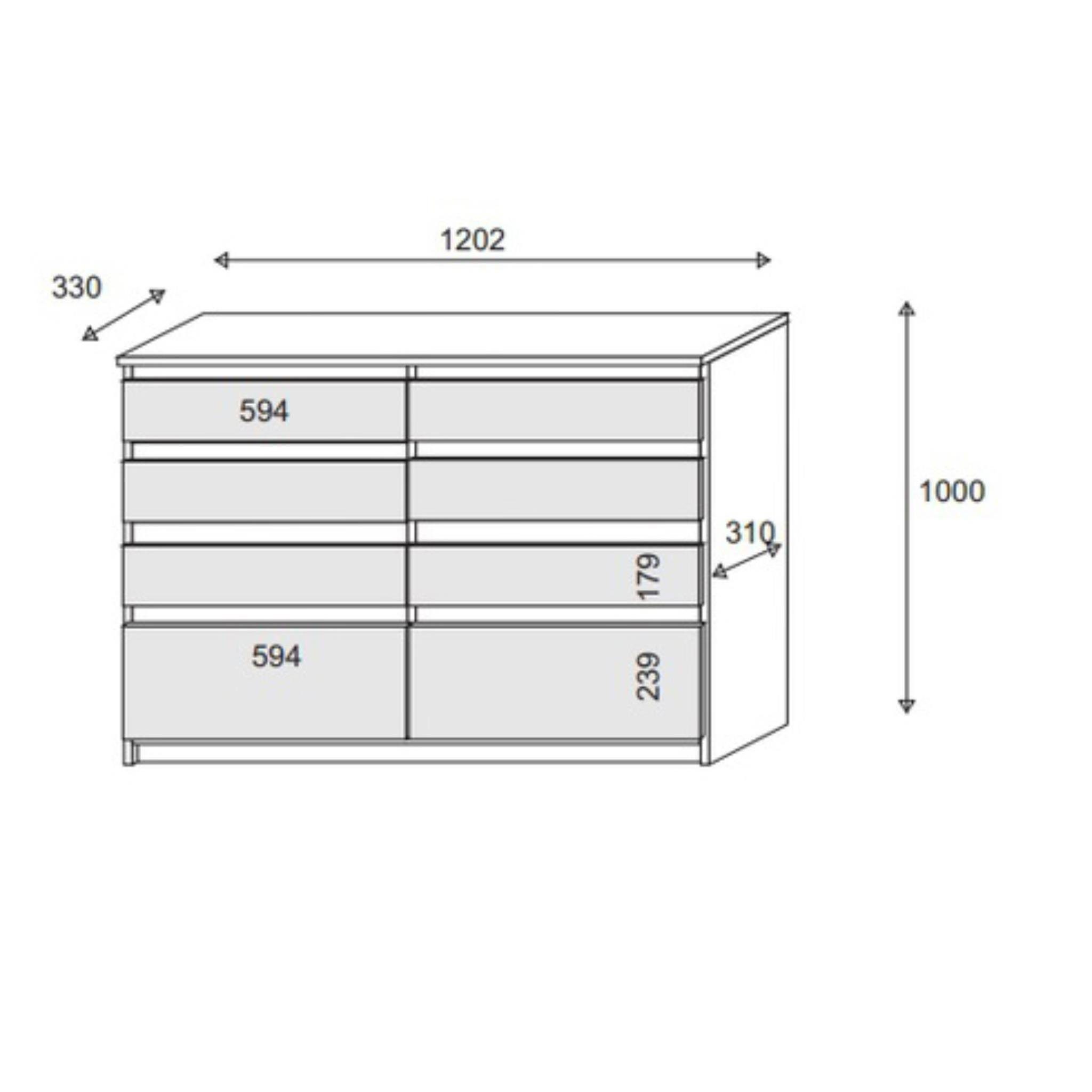 Beautysofa Schubkastenkommode Aria II (Kommode mit 8 Schubladen,in Weiß / Eiche Sonoma Farbe), 120 cm Mehrzweckschrank im modernes Design