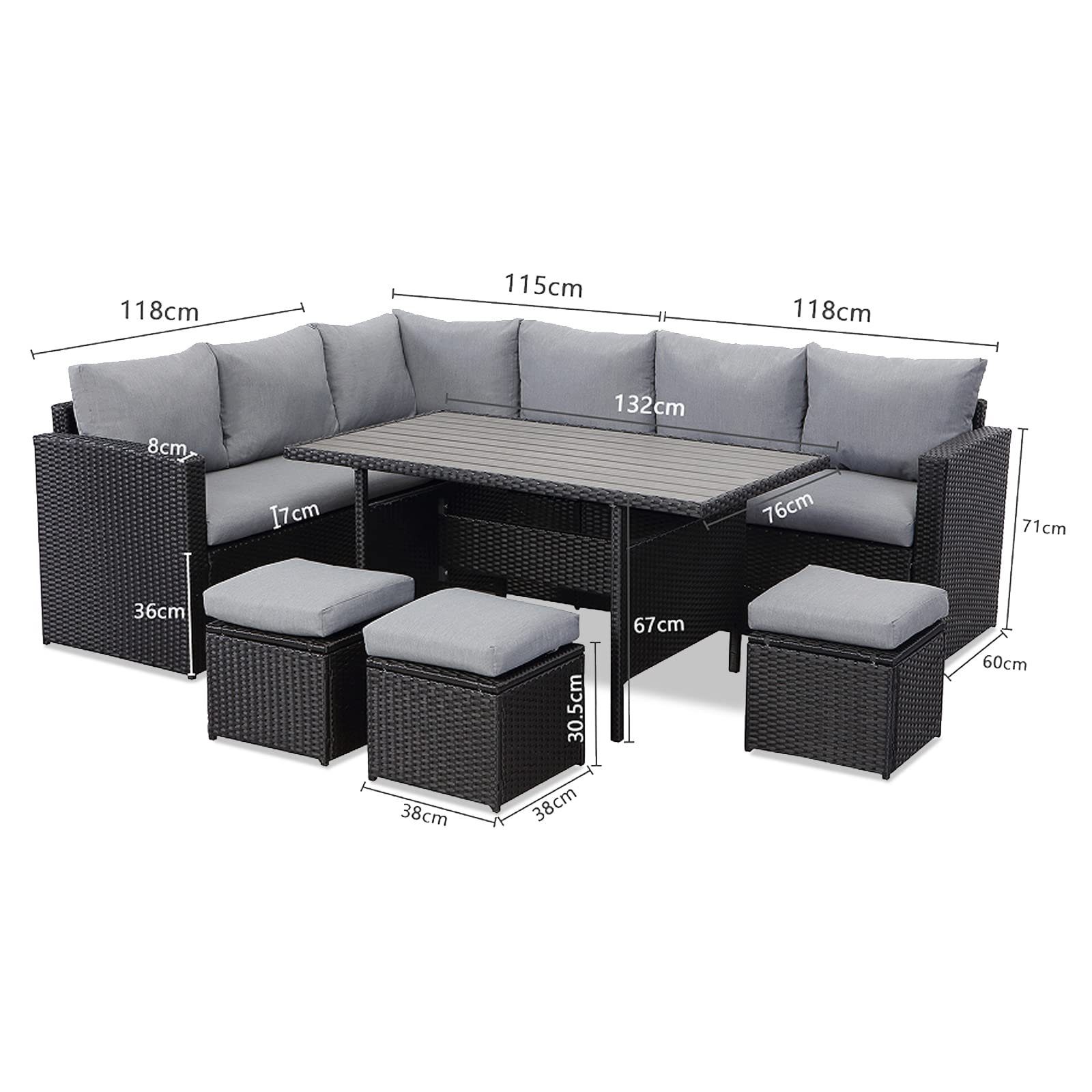 MeXo Gartenlounge-Set Polyrattan Gartenmöbel Set, (Terrassemöbel Set Lounge, 7-tlg., Ecksofa mit 3 x 2-Sitzer-Sofa, 3 Hocker, großer Esstisch 132x76x67 cm), Garten Essgruppe für 6-9 Personen